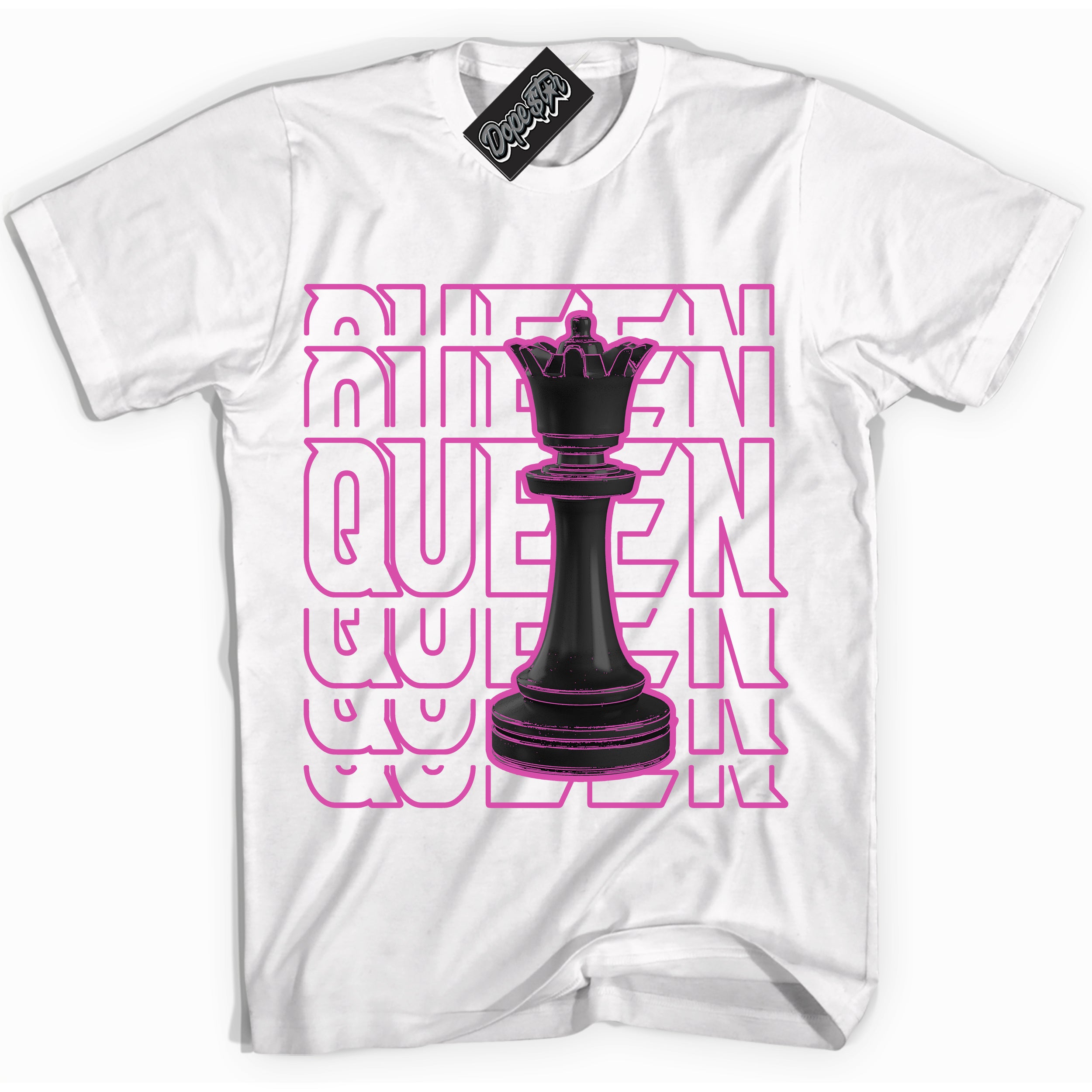 White T-shirt with playful pink and black "Queen Chess" graphic, made to match Air Max 1 Valentine's Day sneakers | Sneaker Shirts Outlet