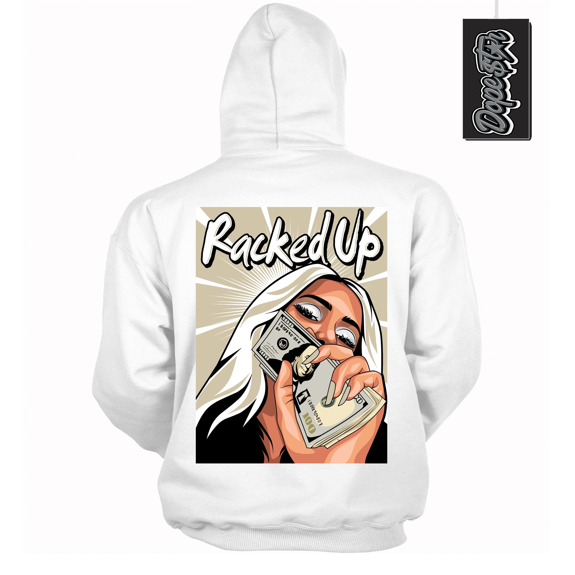 Cool White Hoodie with “ Racked Up ”  design that Perfectly Matches Gratitude 11s Sneakers.