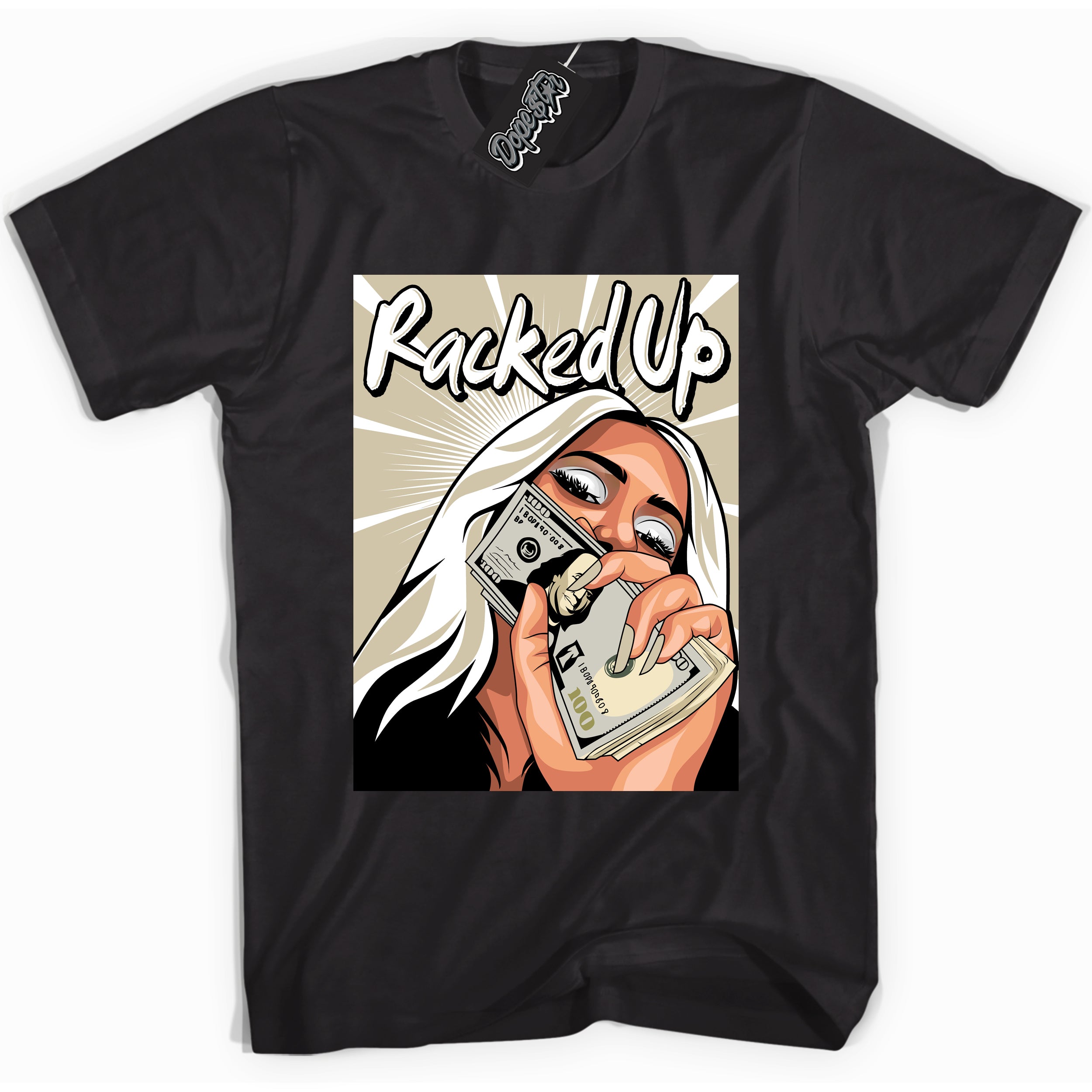 Cool Black Shirt with “ Racked Up” design that perfectly matches Gratitude 11s Sneakers.