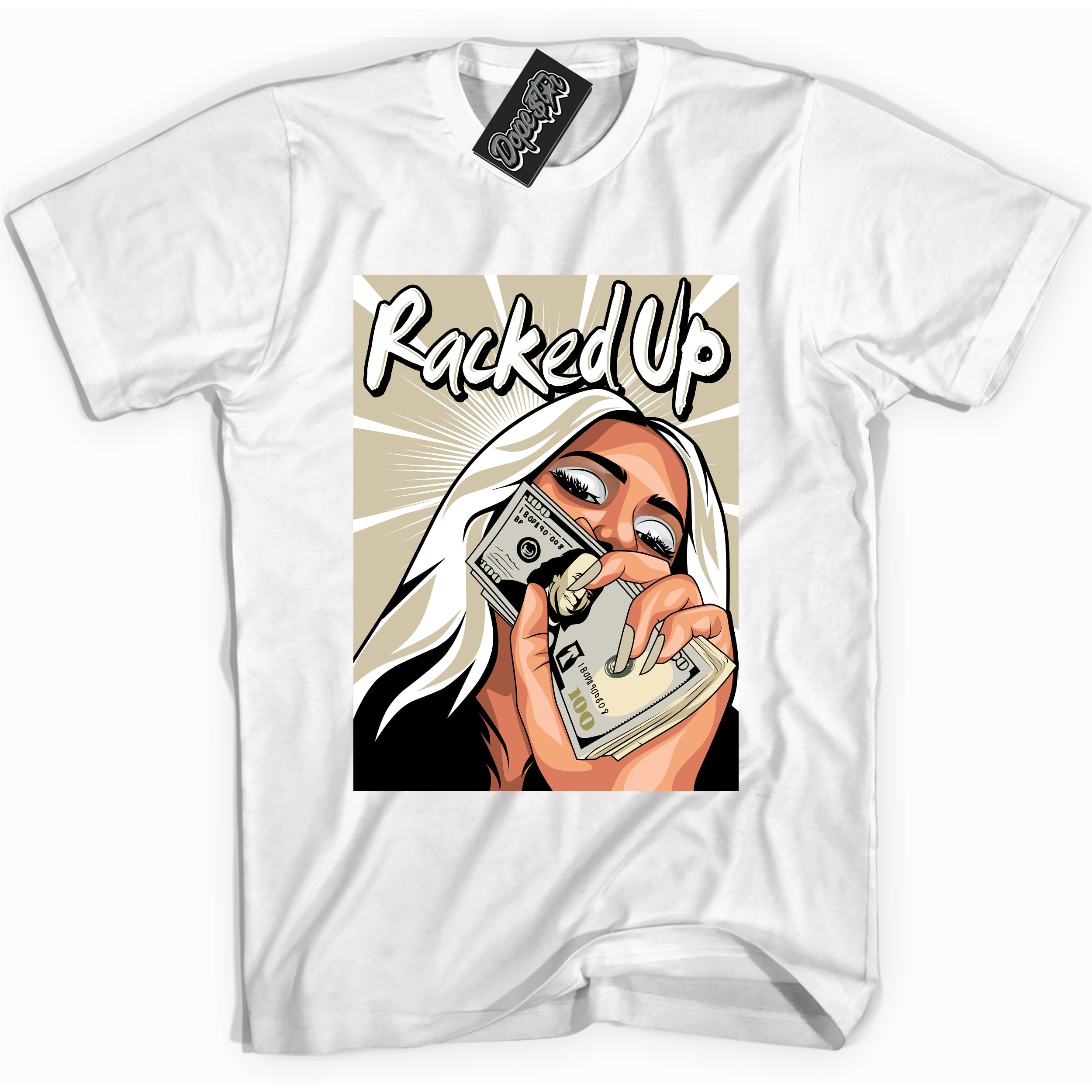 Cool White Shirt with “ Racked Up” design that perfectly matches Gratitude 11s Sneakers.