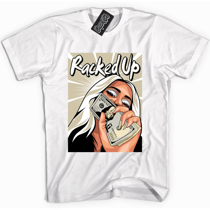 Cool White Shirt with “ Racked Up” design that perfectly matches Gratitude 11s Sneakers.