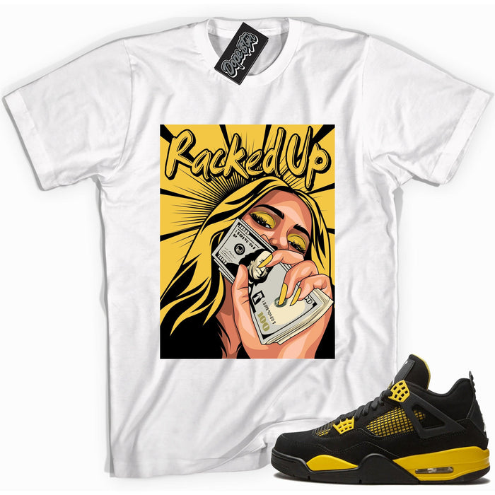 Cool white  graphic tee with 'racked up' print, that perfectly matches Air Jordan 4 Thunder sneakers