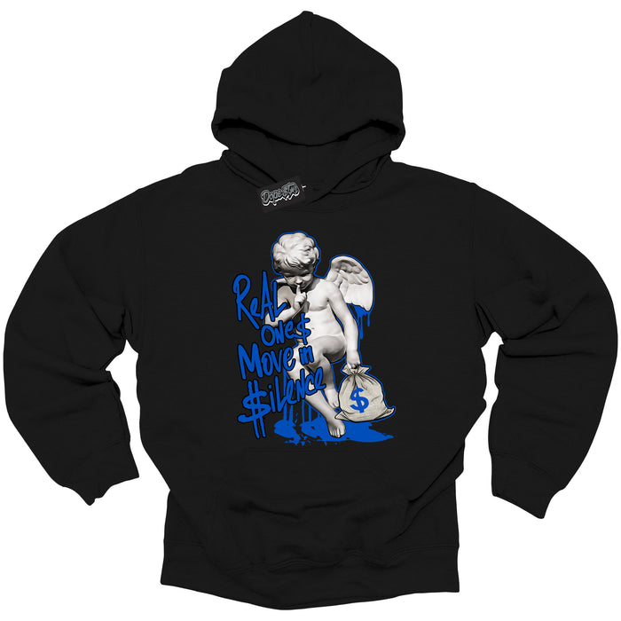 Cool Black Hoodie with “ Real Ones Cherub ”  design that Perfectly Matches  Royal Reimagined 1s Sneakers.