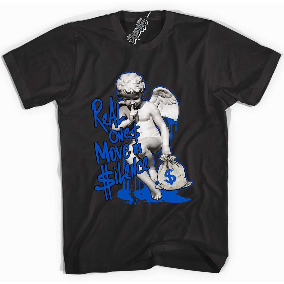 Cool Black graphic tee with "Real Ones Cherub" design, that perfectly matches Royal Reimagined 1s sneakers 