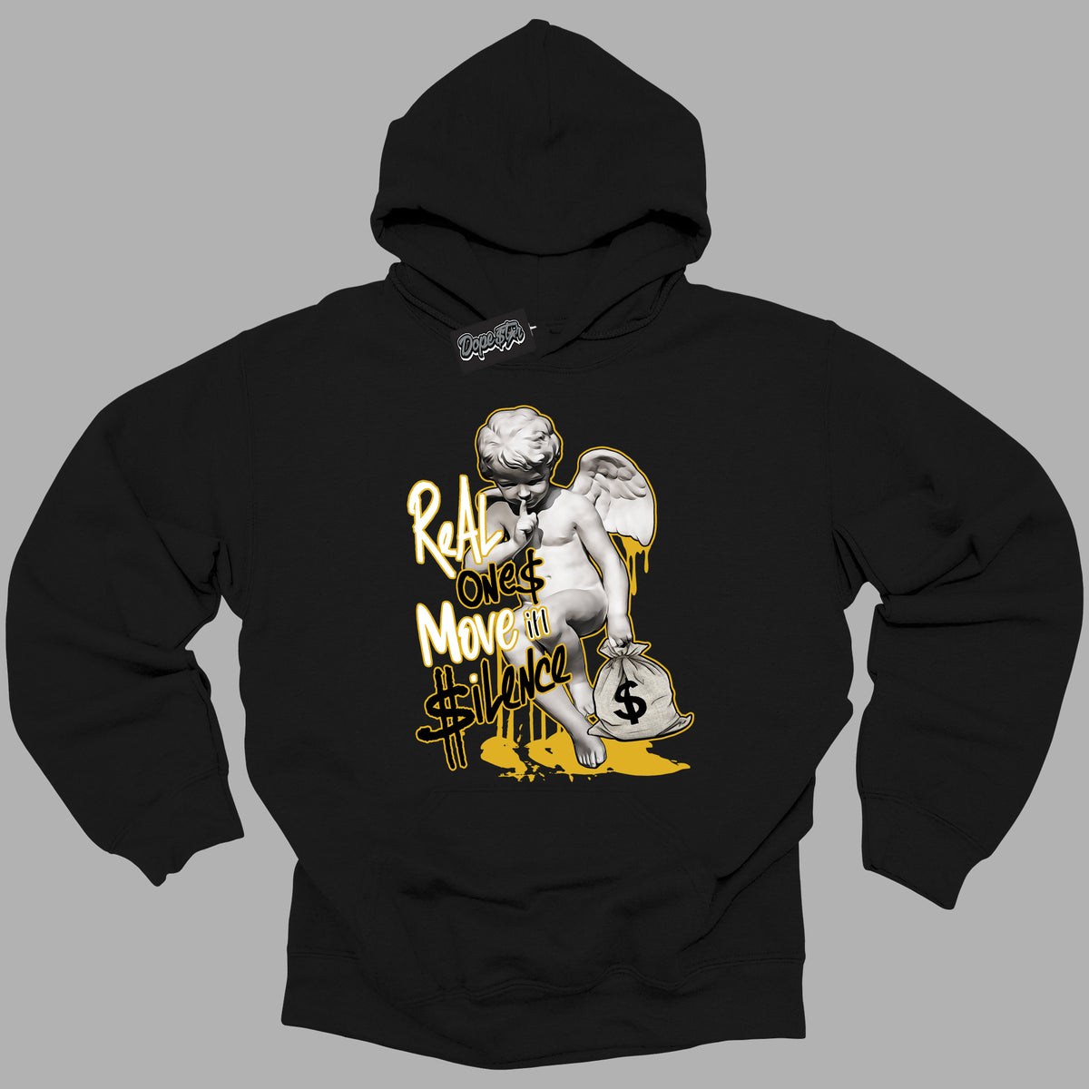 Cool Black Hoodie with “ Real Ones Cherub ”  design that Perfectly Matches Yellow Ochre 6s Sneakers.