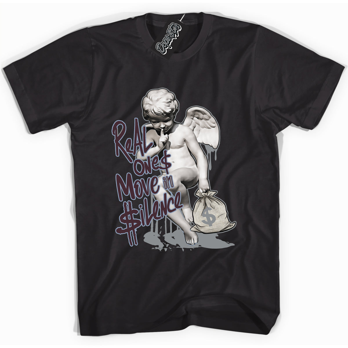 Cool Black Shirt with “ Real Ones Cherub” design that perfectly matches Burgundy 5s Sneakers.