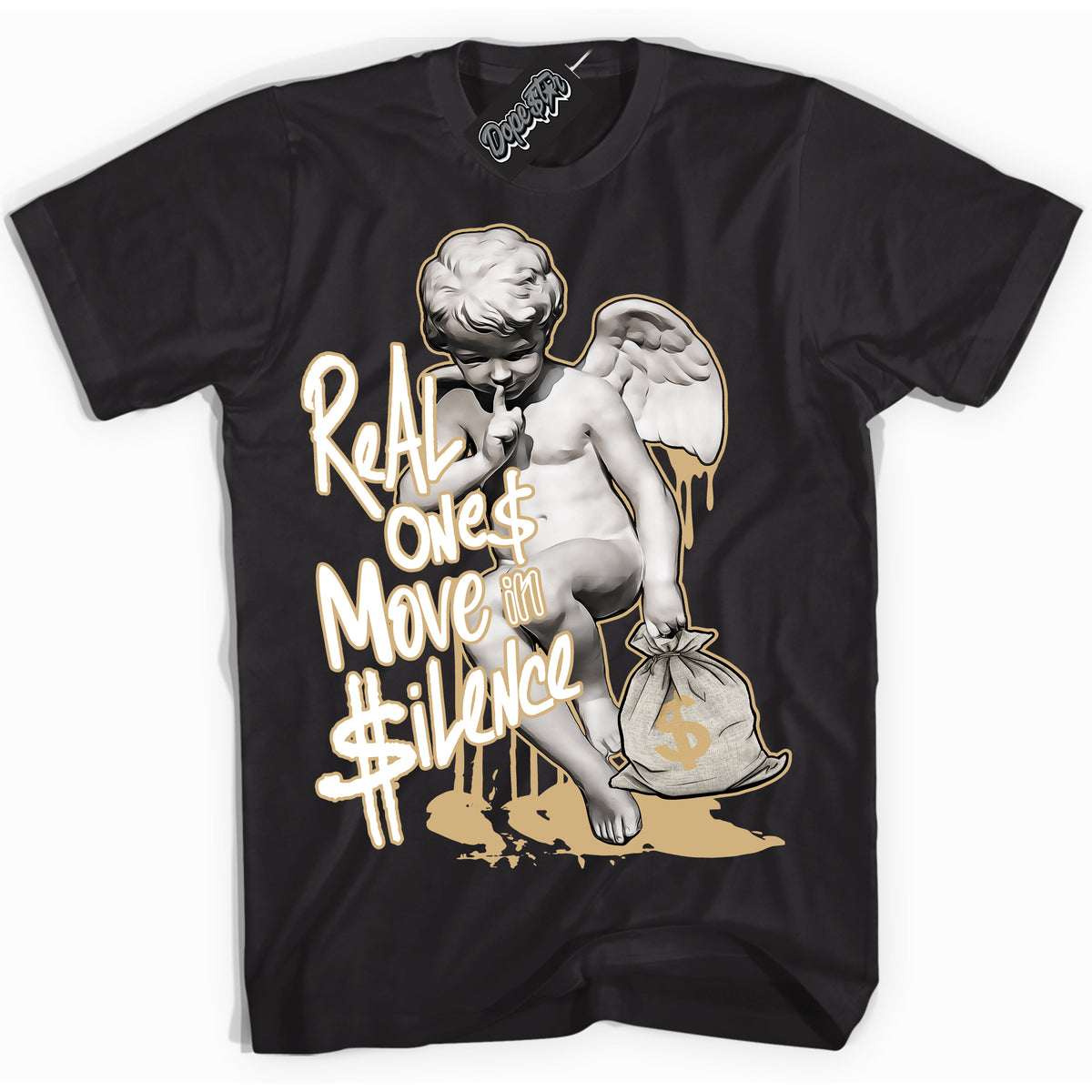 Jordan MVP White Metallic Gold ‘Real Ones Cherub’ – Black Streetwear T-Shirt | Sneaker Matching shirt for Jordan MVP White Metallic Gold | Men's and Women's Streetwear Graphic Tee by Sneaker Shirts Outlet.

