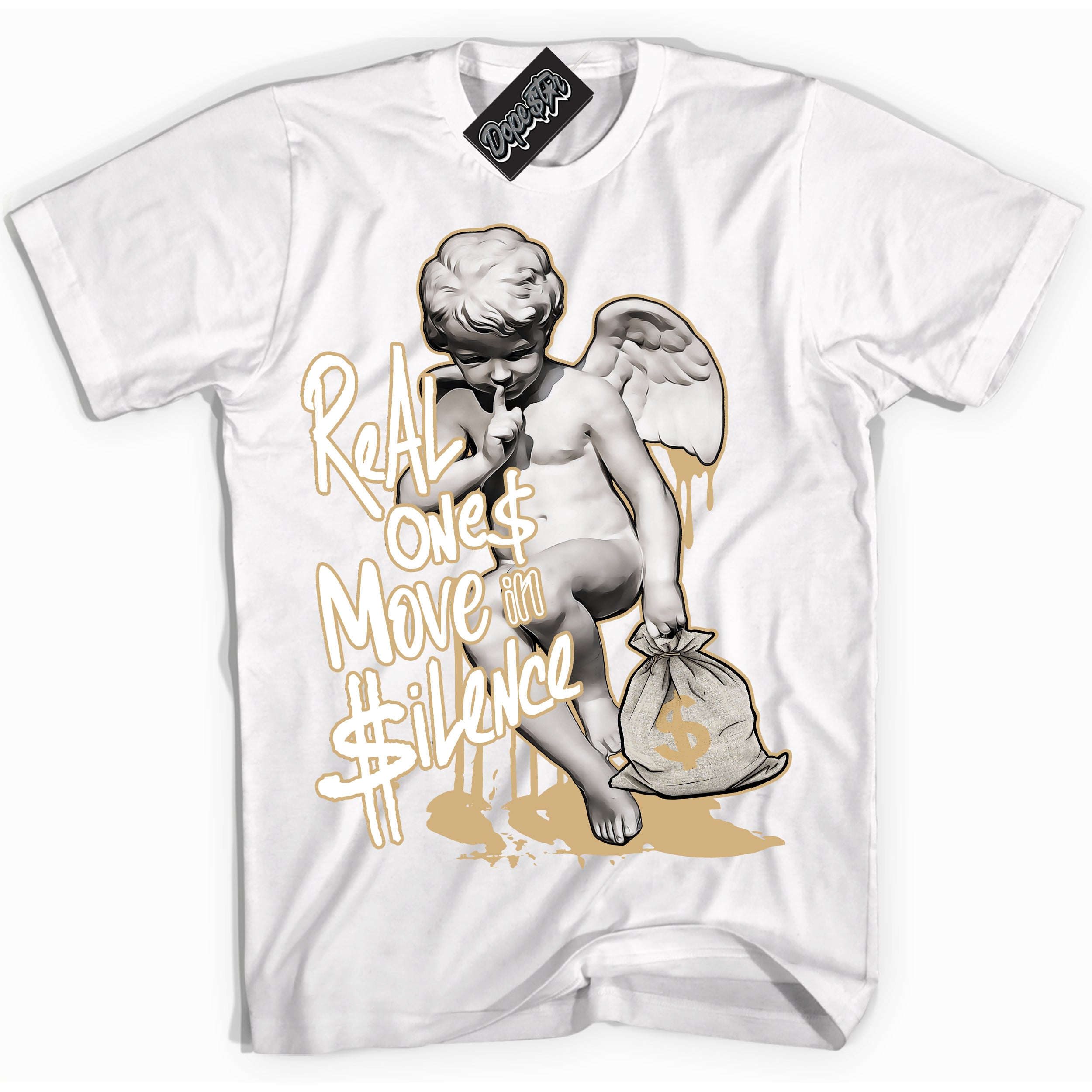 Jordan MVP White Metallic Gold ‘Real Ones Cherub’ – White Streetwear T-Shirt | Sneaker Matching shirt for Jordan MVP White Metallic Gold | Men's and Women's Streetwear Graphic Tee by Sneaker Shirts Outlet.
