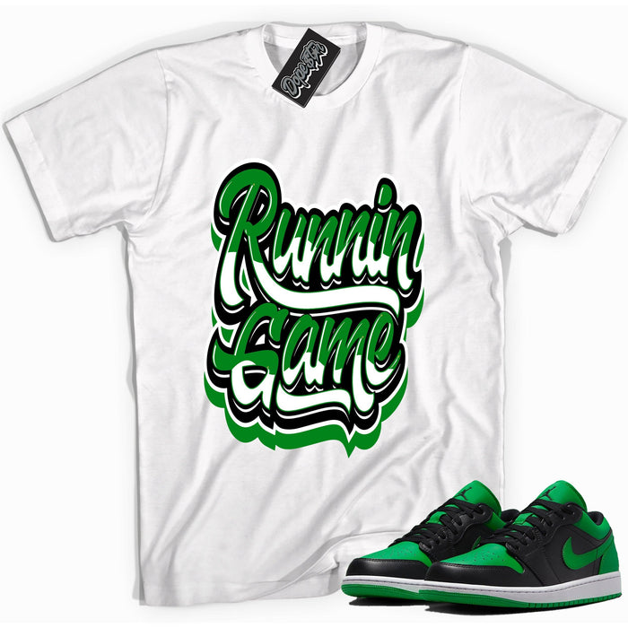 Cool white graphic tee with 'runnin game' print, that perfectly matches Air Jordan 1 Low Lucky Green sneakers