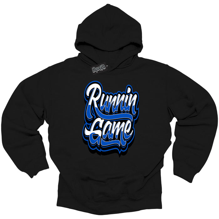 Cool Black Hoodie with “ Running Game ”  design that Perfectly Matches  Royal Reimagined 1s Sneakers.