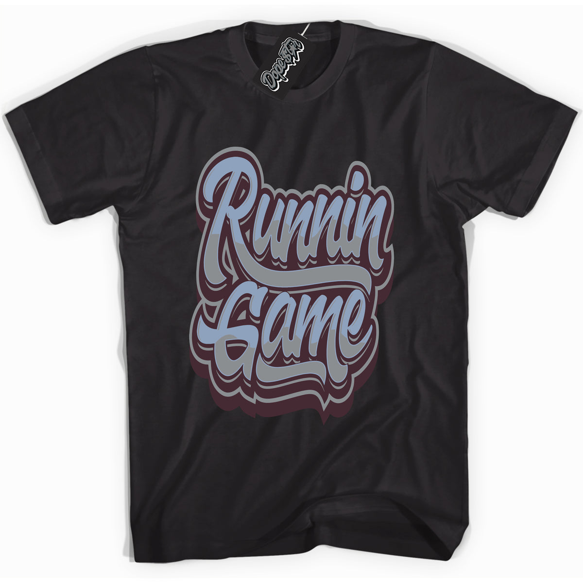 Cool Black Shirt with “ Running Game” design that perfectly matches Burgundy 5s Sneakers.