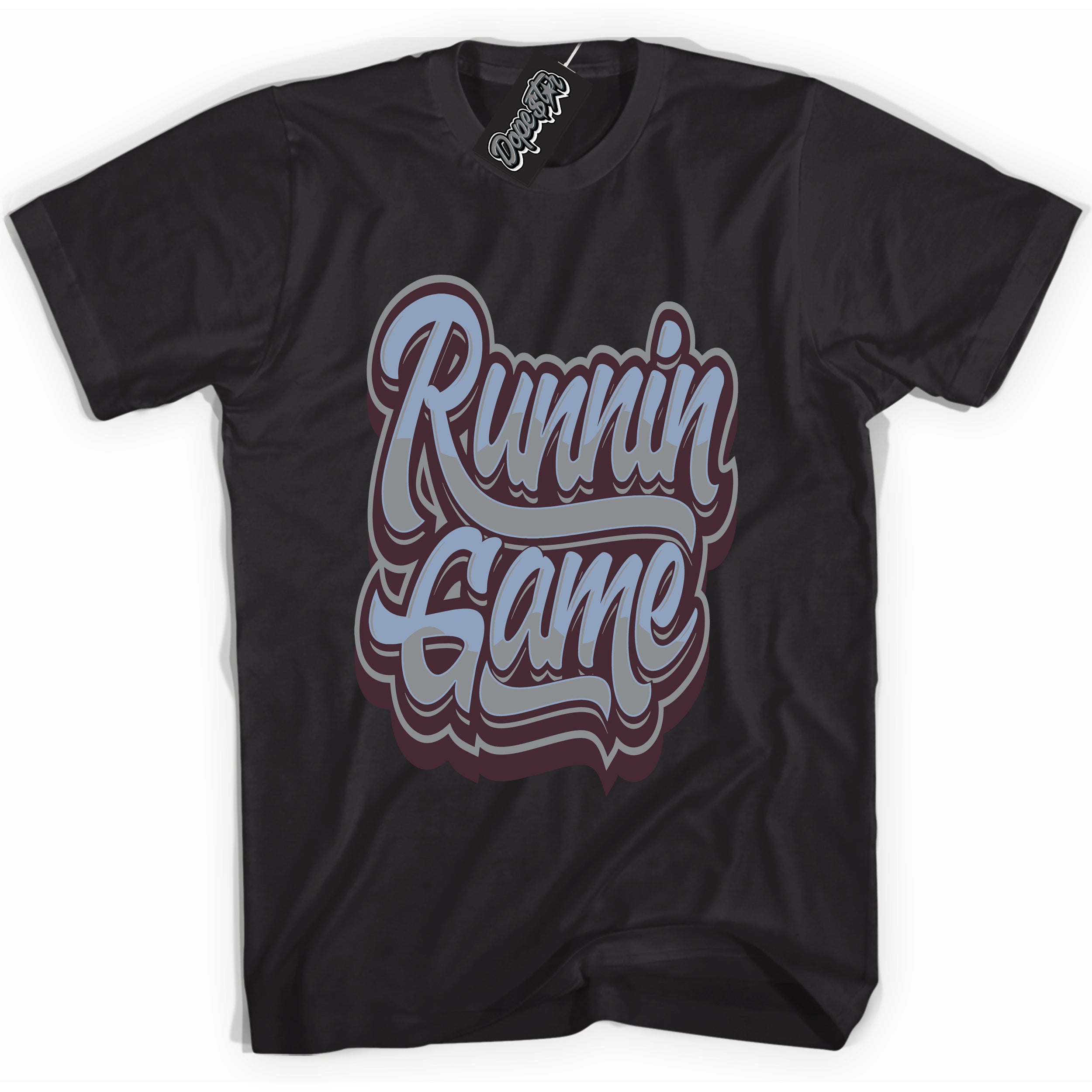 Cool Black Shirt with “ Running Game” design that perfectly matches Burgundy 5s Sneakers.