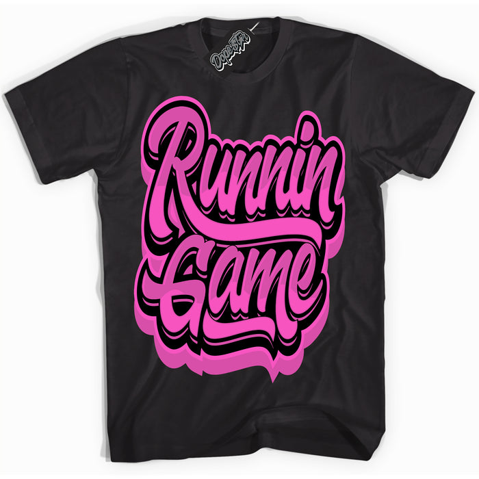 Black T-shirt with playful pink and black "Running Game" graphic, made to match Air Max 1 Valentine's Day sneakers | Sneaker Shirts Outlet
