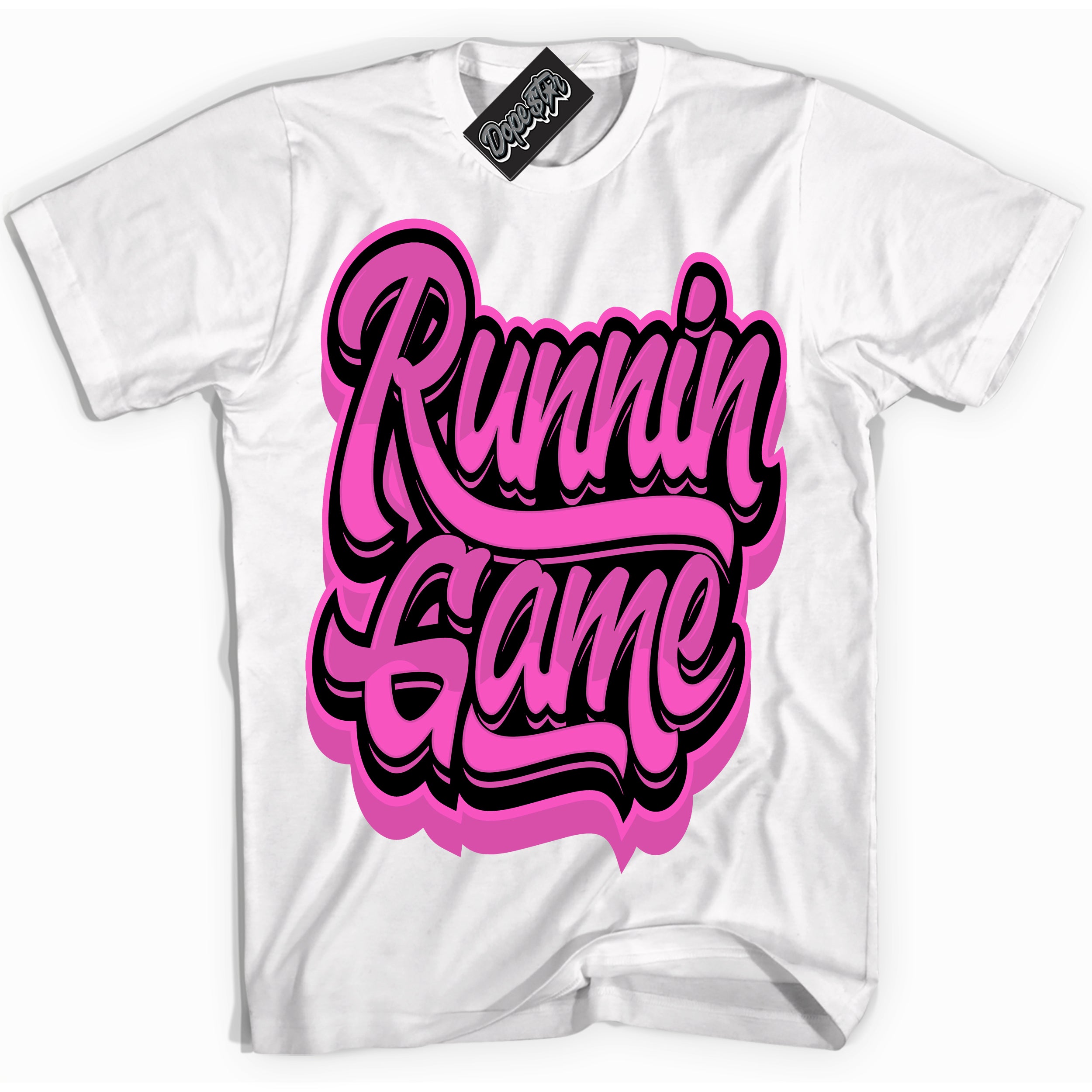 White T-shirt with playful pink and black "Running Game" graphic, made to match Air Max 1 Valentine's Day sneakers | Sneaker Shirts Outlet
