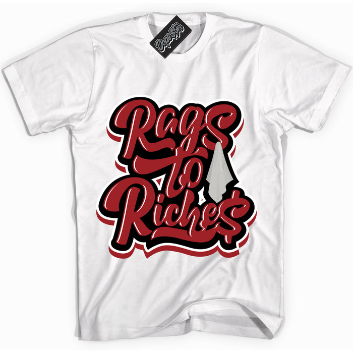 Cool White graphic tee with “ Rags To Riches ” print, that perfectly matches Lost And Found 1s sneakers 