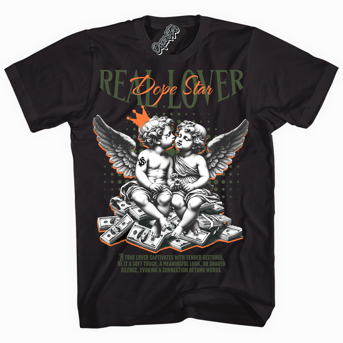 Cool Black graphic tee with “ Real Lover ” print, that perfectly matches Olive 5s sneakers 