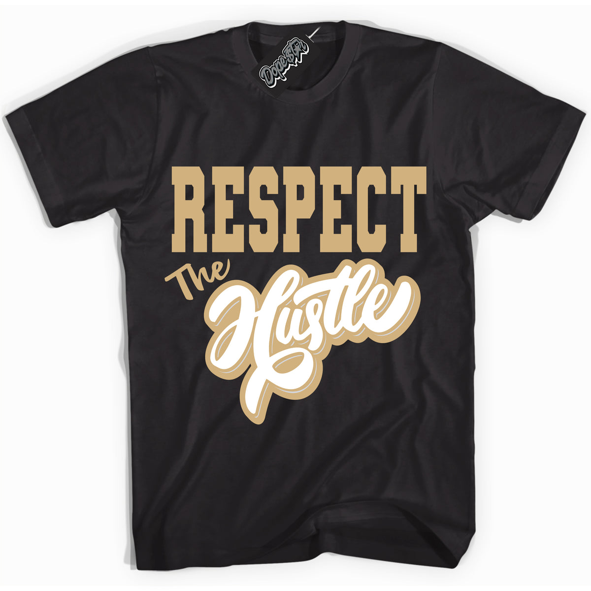 Jordan MVP White Metallic Gold ‘Respect The Hustle’ – Black Streetwear T-Shirt | Sneaker Matching shirt for Jordan MVP White Metallic Gold | Men's and Women's Streetwear Graphic Tee by Sneaker Shirts Outlet.
