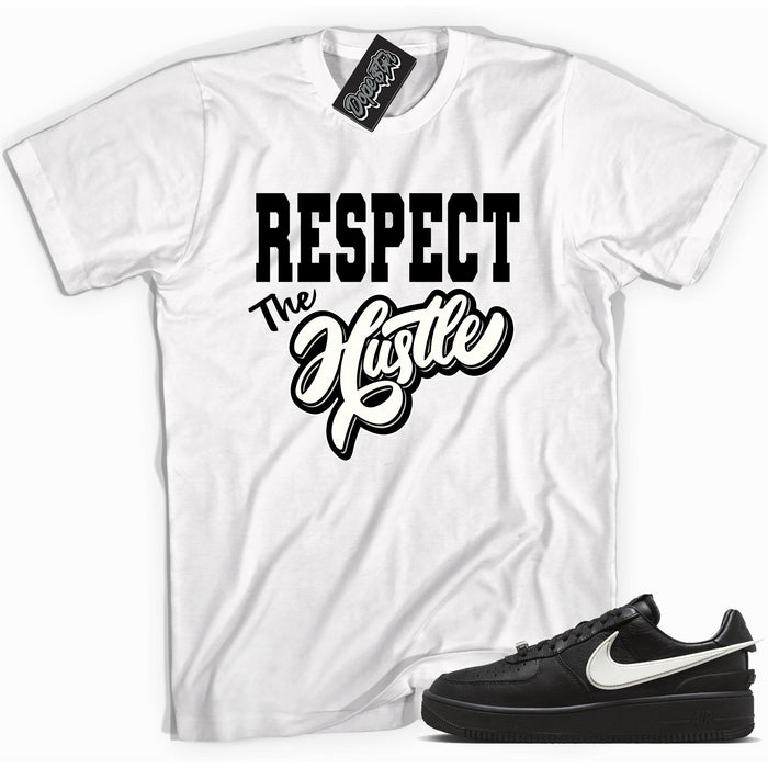 Cool white graphic tee with 'respect the hustle' print, that perfectly matches Nike Air Force 1 Low SP Ambush Phantom sneakers.