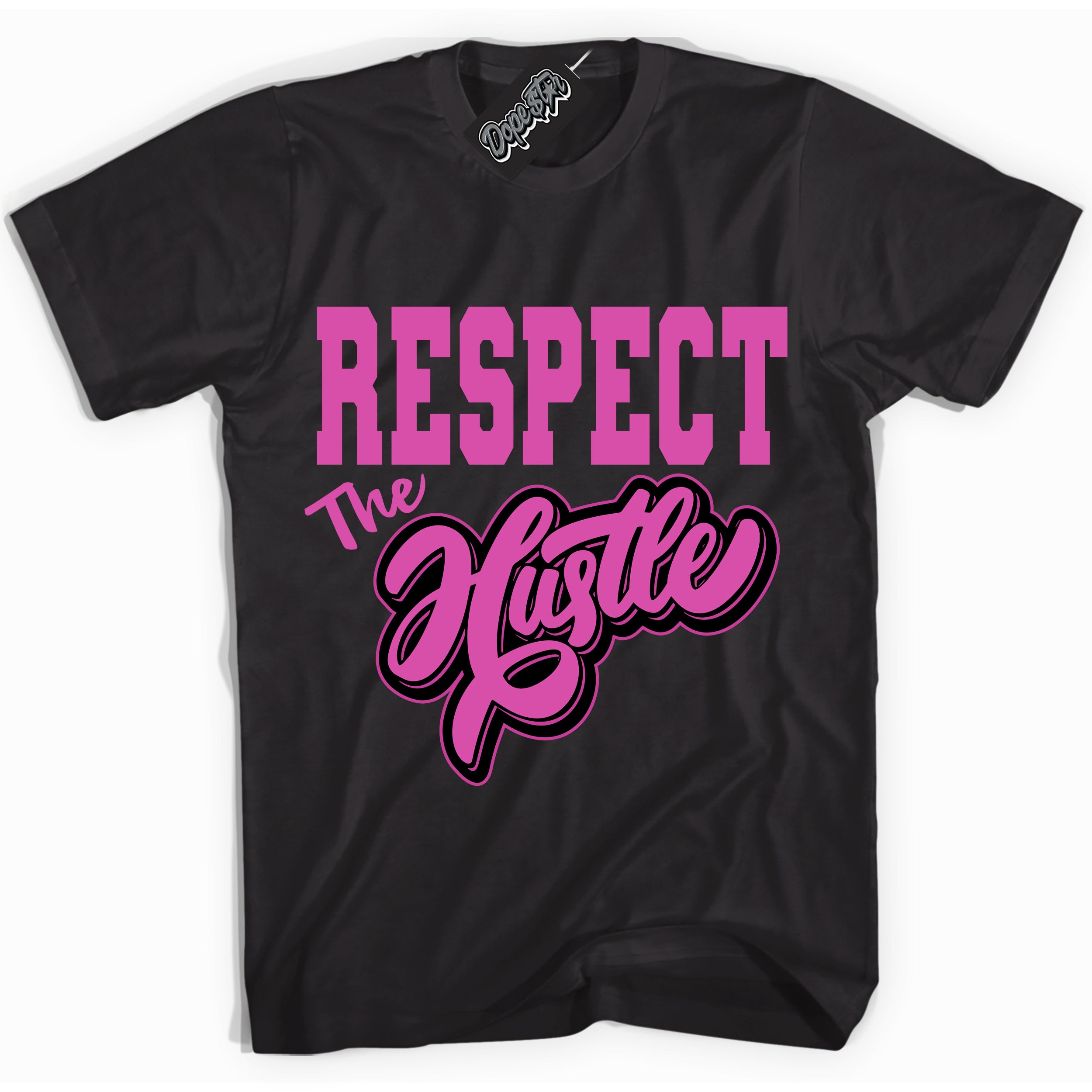 Black T-shirt with playful pink and black "Respect The Hustle" graphic, made to match Air Max 1 Valentine's Day sneakers | Sneaker Shirts Outlet
