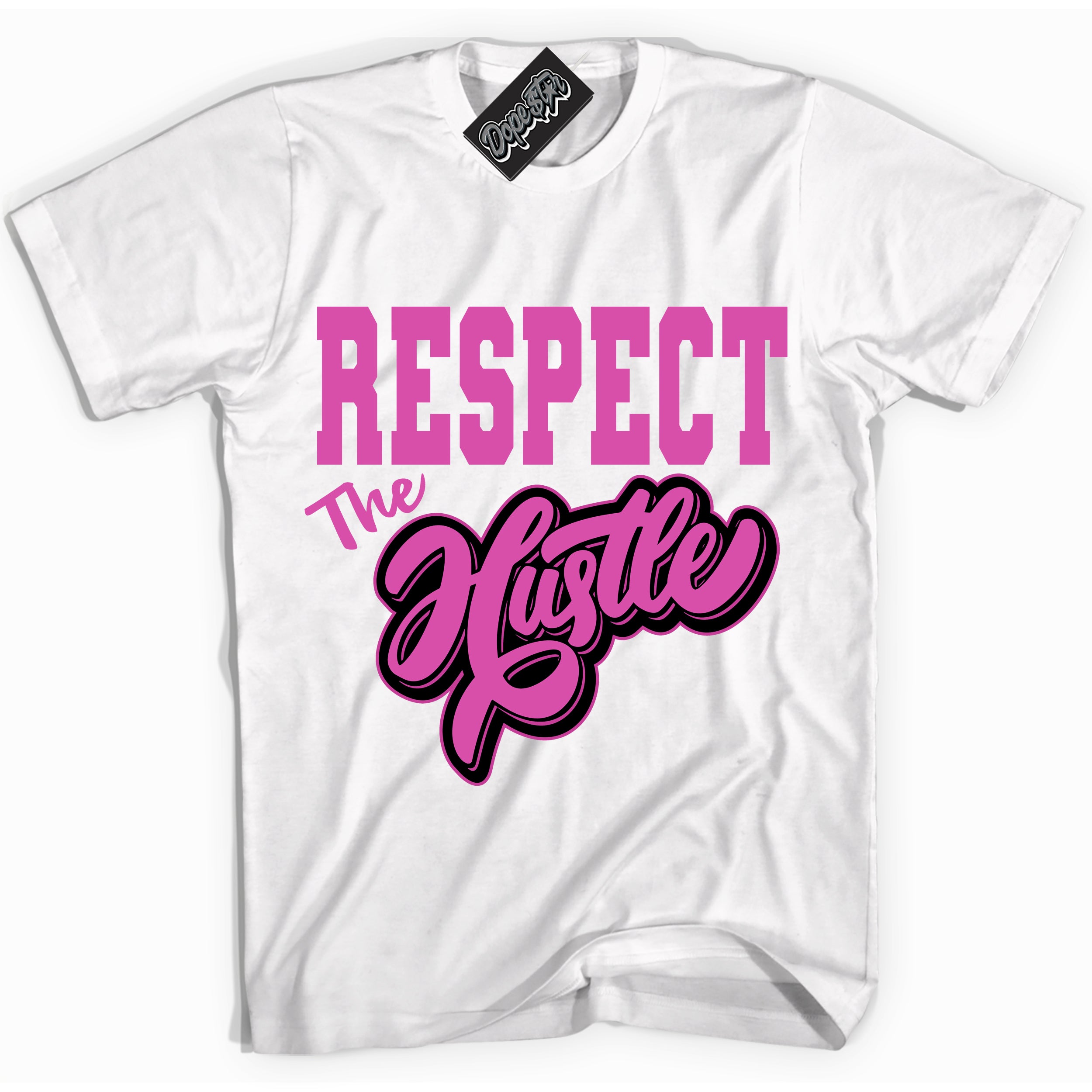 White T-shirt with playful pink and black "Respect The Hustle" graphic, made to match Air Max 1 Valentine's Day sneakers | Sneaker Shirts Outlet
