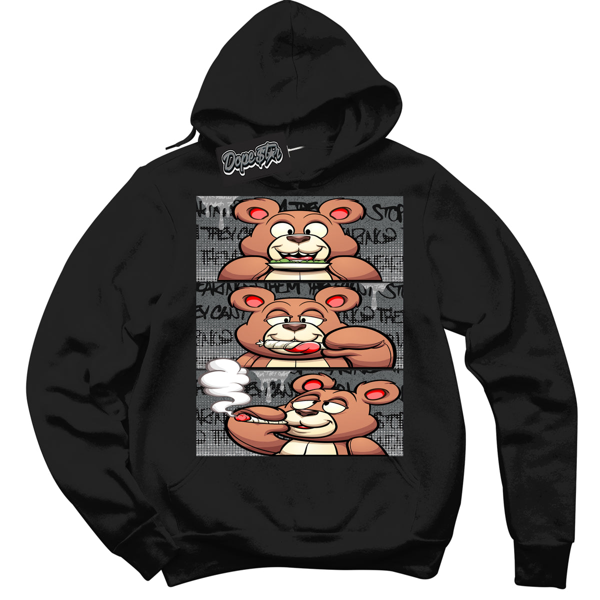 Cool Black Hoodie with “ Roll It Lick It Smoke It Bear ”  design that Perfectly Matches Rebellionaire 1s Sneakers.