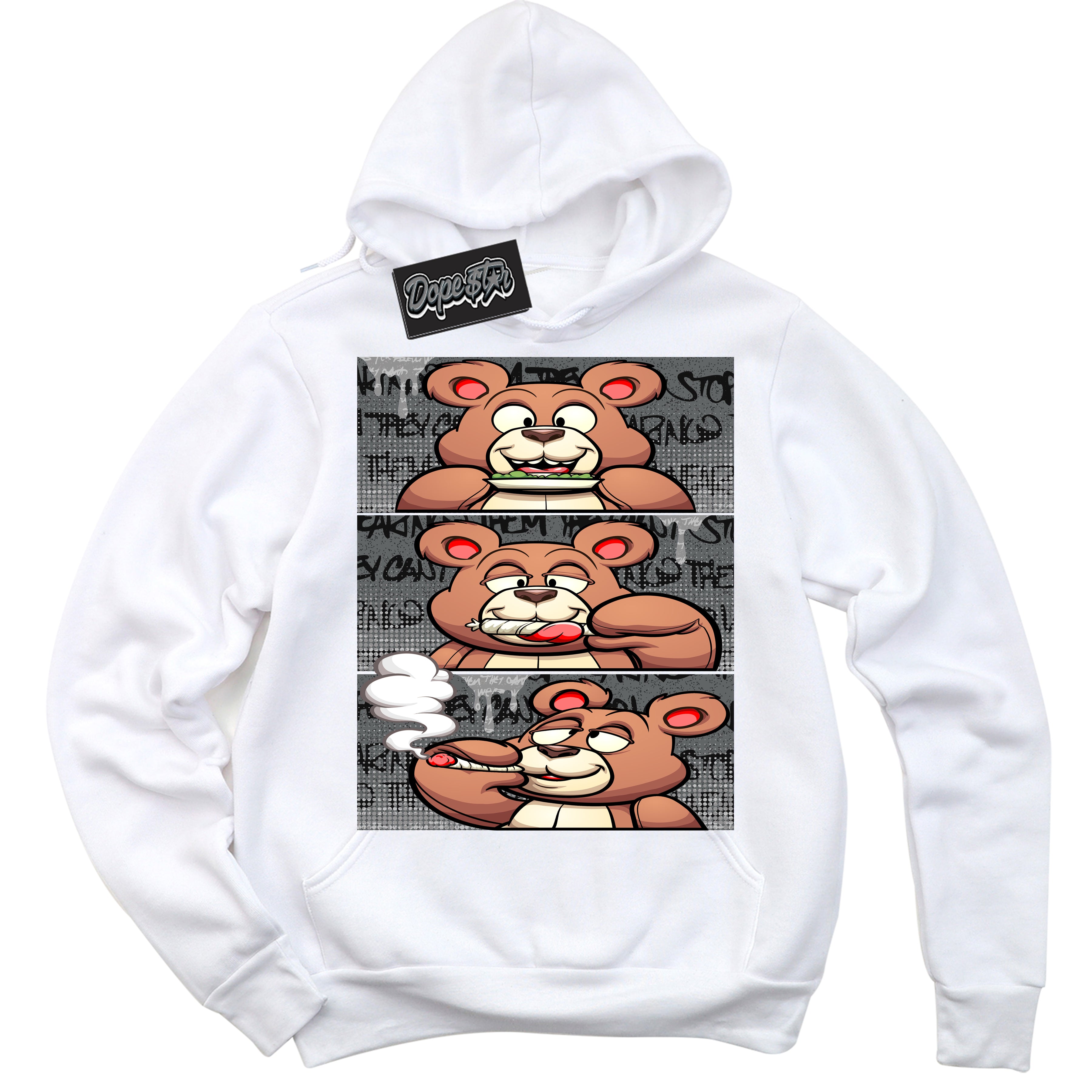 Cool White Hoodie with “ Roll It Lick It Smoke It Bear ”  design that Perfectly Matches Rebellionaire 1s Sneakers.