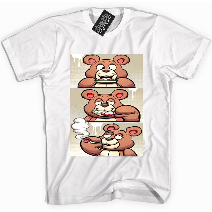 Cool White Shirt with “ Roll It Lick It Smoke It Bear” design that perfectly matches Gratitude 11s Sneakers.
