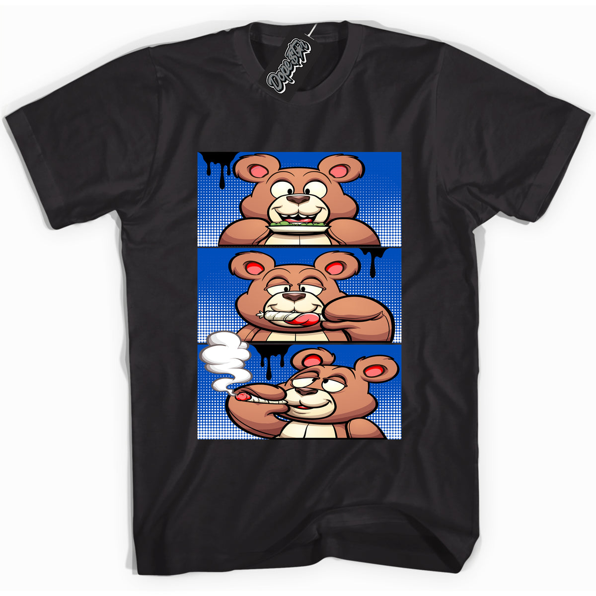 Cool Black graphic tee with Roll It Lick It Smoke It Bear print, that perfectly matches OG Royal Reimagined 1s sneakers 