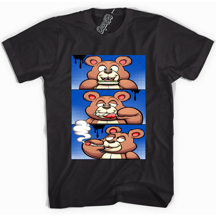 Cool Black graphic tee with Roll It Lick It Smoke It Bear print, that perfectly matches OG Royal Reimagined 1s sneakers 