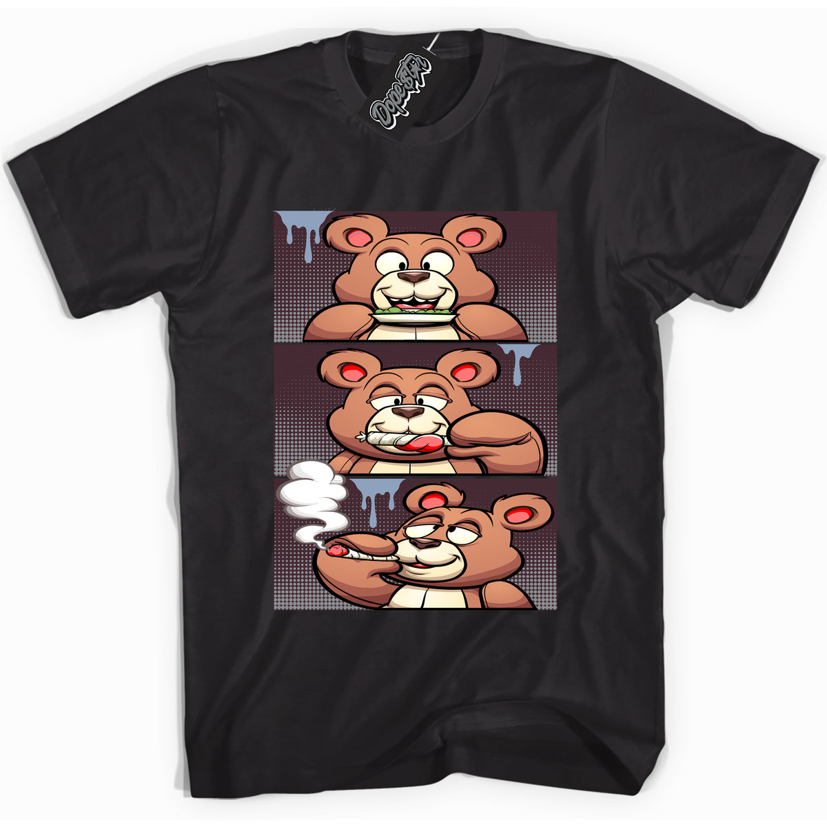Cool Black Shirt with “ Roll It Lick It Smoke It Bear” design that perfectly matches Burgundy 5s Sneakers.