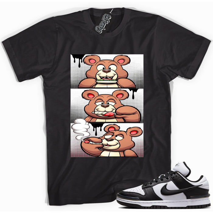 Cool black graphic tee with 'roll it lick it smoke it' print, that perfectly matches Nike Dunk Low Twist Panda sneakers.