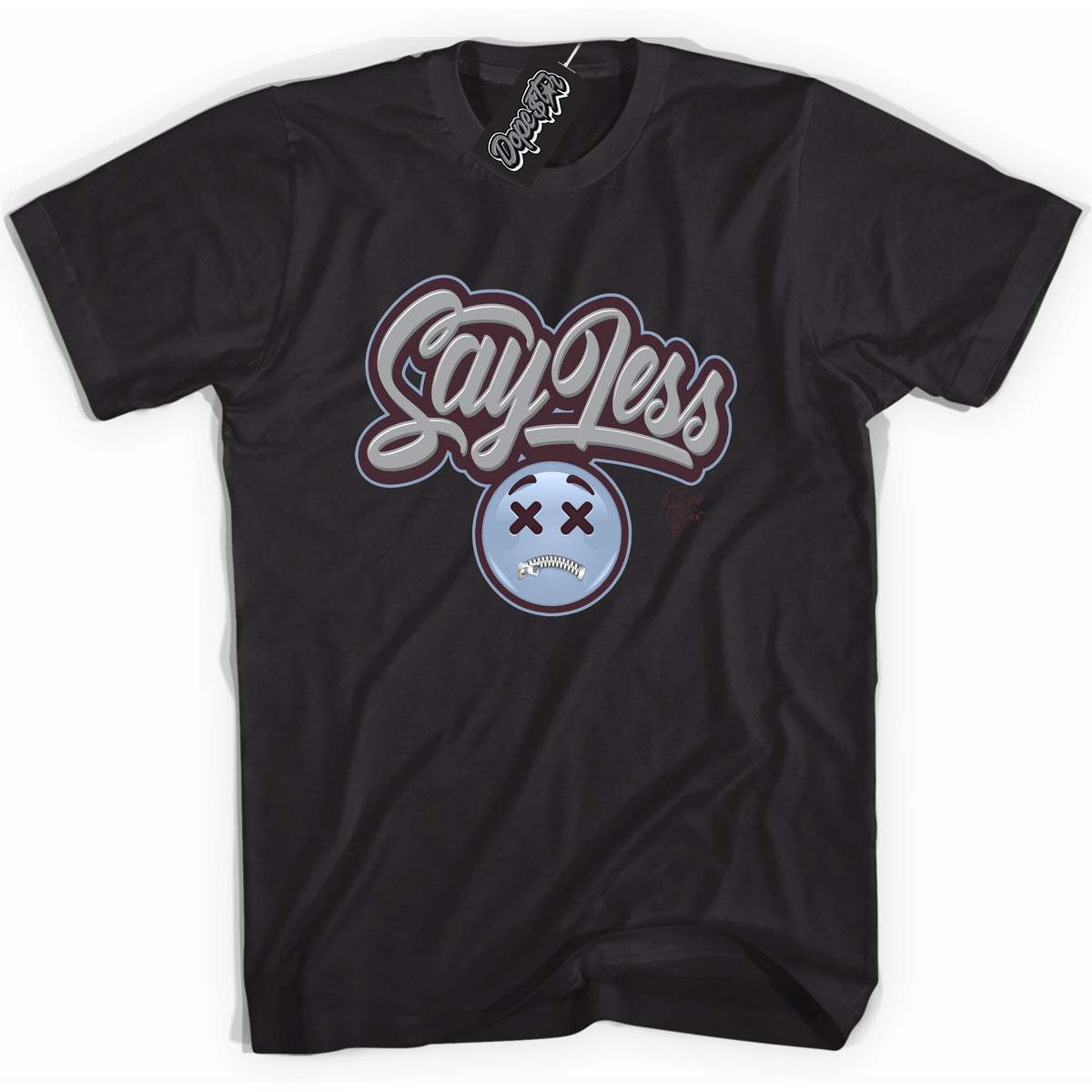 Cool Black Shirt with “ Say Less” design that perfectly matches Burgundy 5s Sneakers.