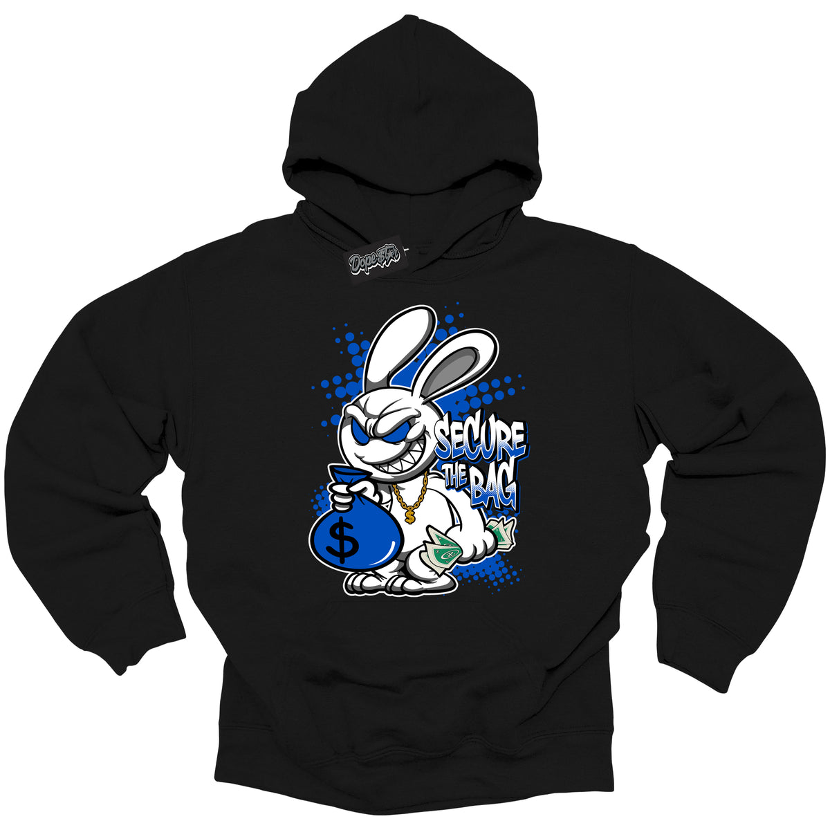 Cool Black Hoodie with “ Secure The Bag ”  design that Perfectly Matches  Royal Reimagined 1s Sneakers.