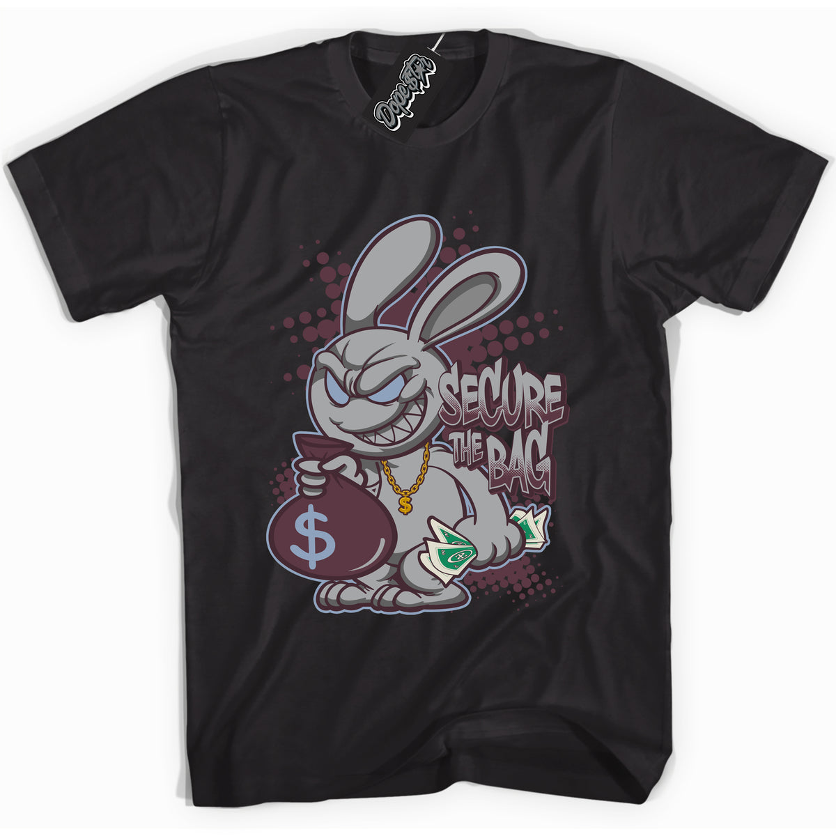 Cool Black Shirt with “ Secure The Bag” design that perfectly matches Burgundy 5s Sneakers.