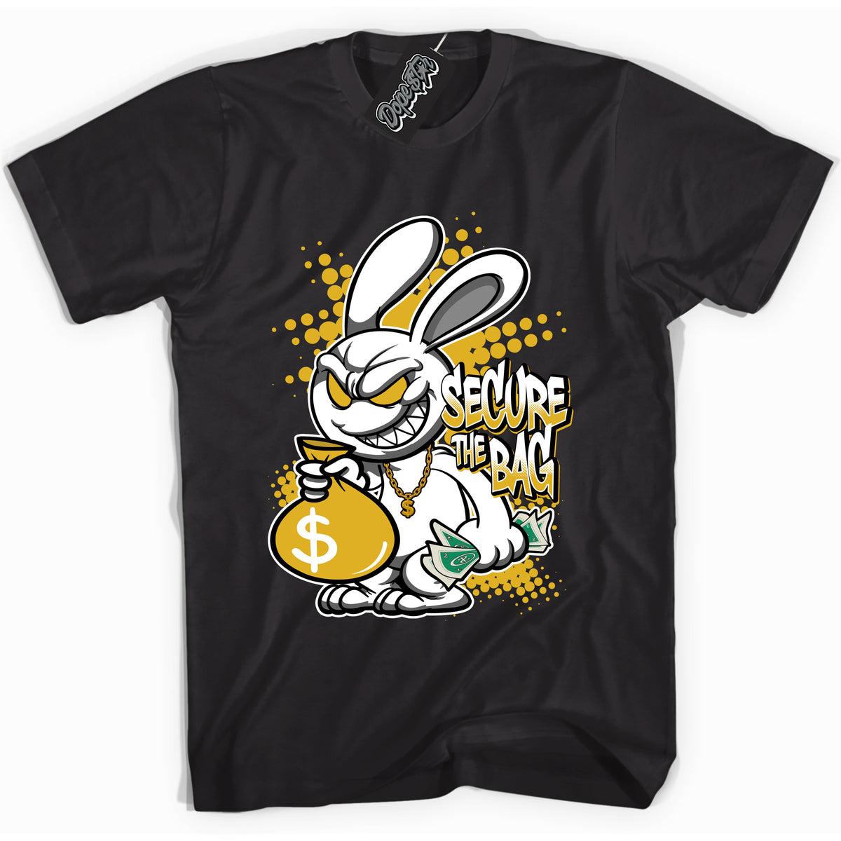 Cool Black Shirt with “ Secure The Bag ” design that perfectly matches Yellow Ochre 6s Sneakers.
