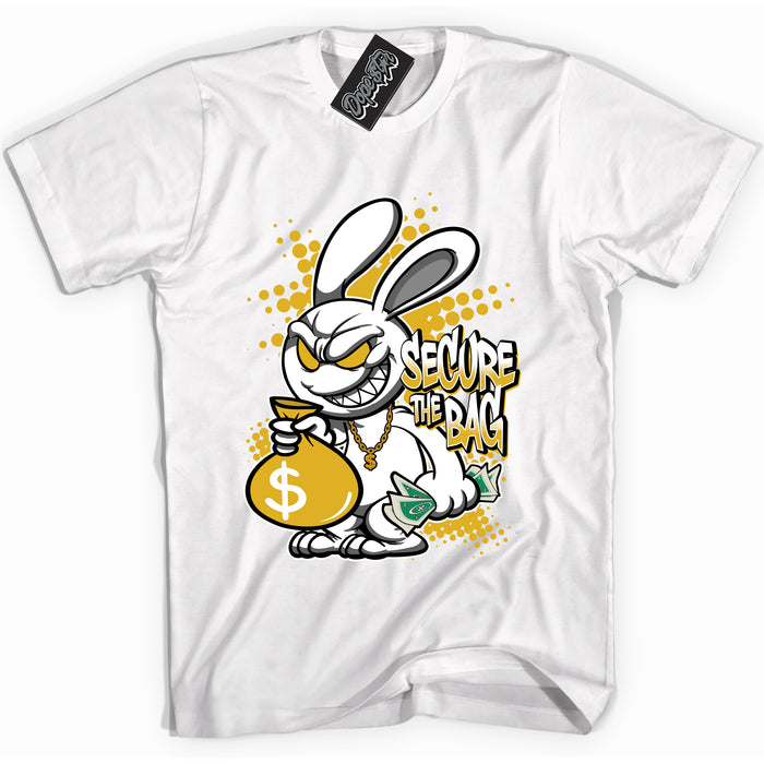 Cool White Shirt with “ Secure The Bag” design that perfectly matches Yellow Ochre 6s Sneakers.