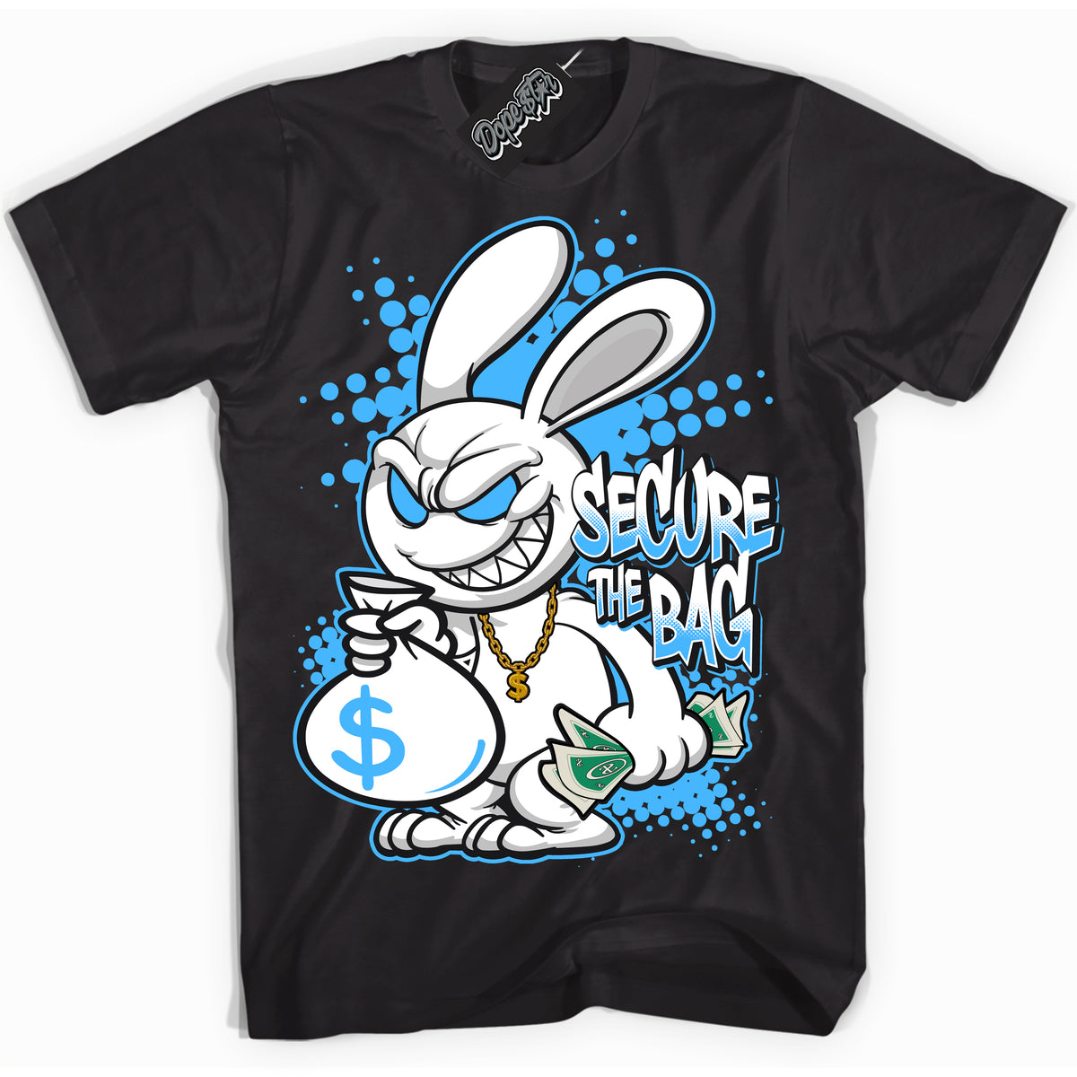 Cool Black graphic tee with “ Secure the Bag ” design, that perfectly matches Powder Blue 9s sneakers 