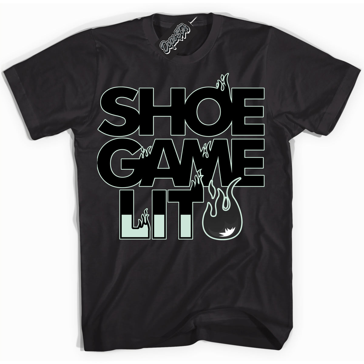 Cool Black Shirt with “ Shoe Game Lit ” design that perfectly matches Dark Smoke Grey Barely Green Sneakers.