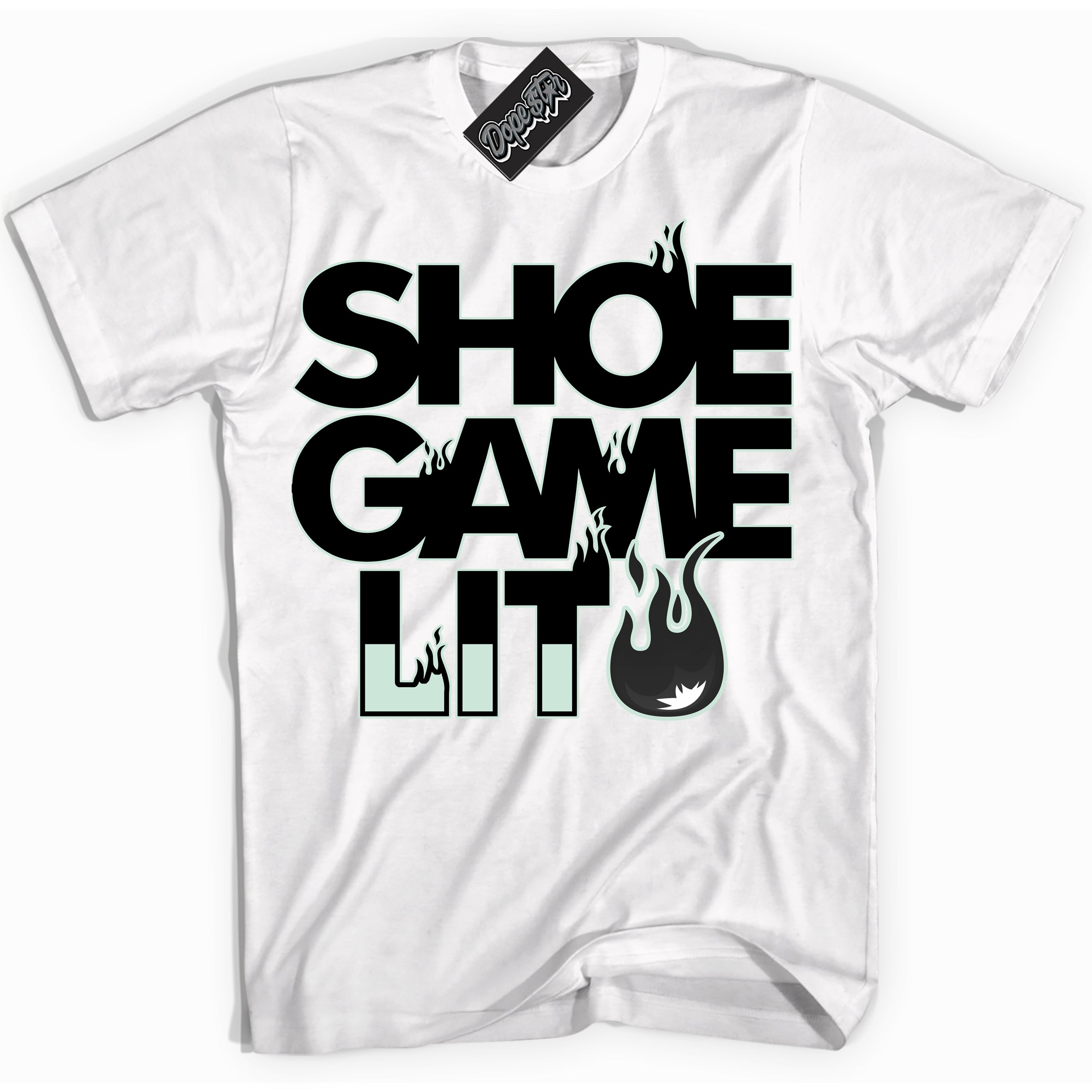 Cool White Shirt with “ Shoe Game Lit ” design that perfectly matches Dark Smoke Grey Barely Green Sneakers.