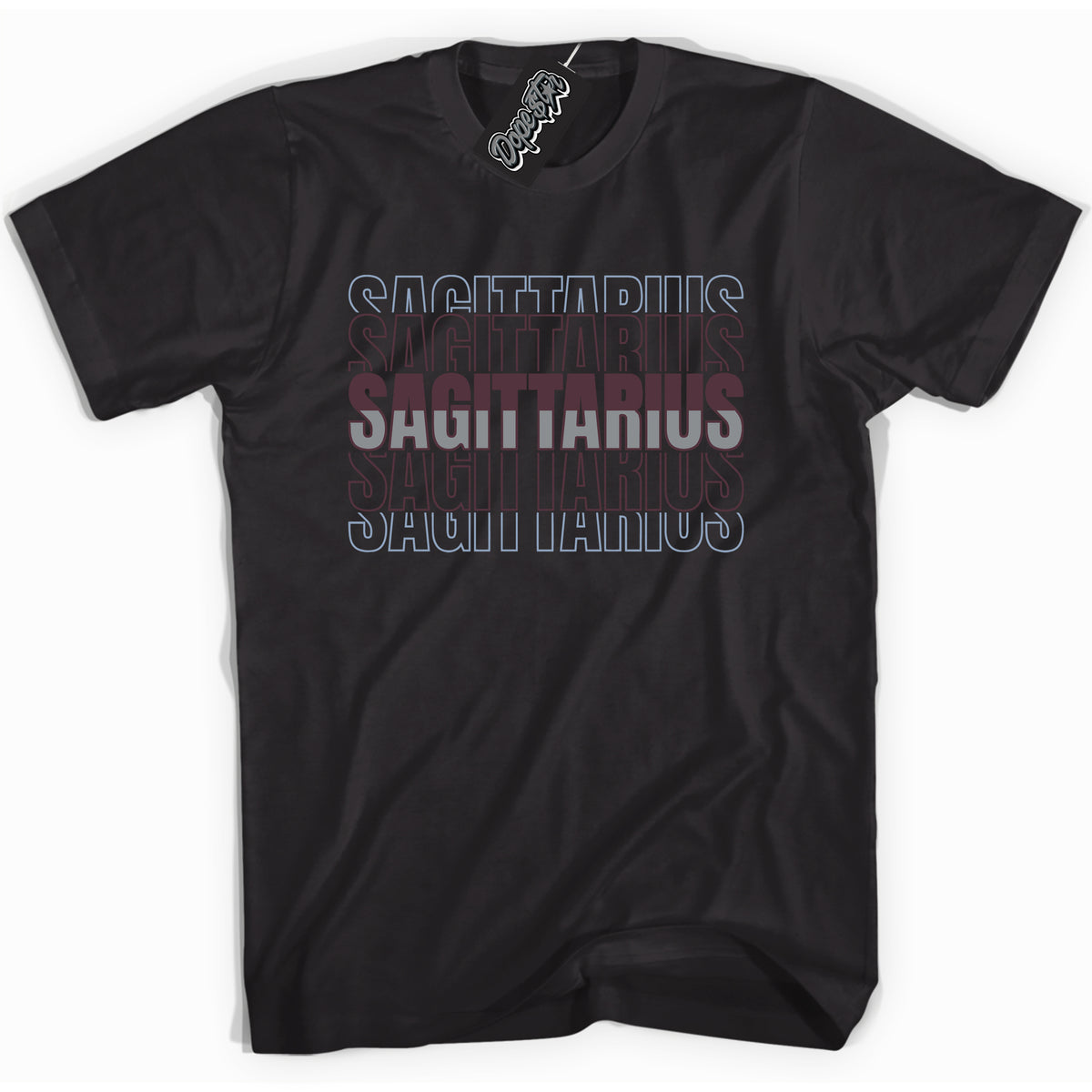 Cool Black Shirt with “ Sagittarius” design that perfectly matches Burgundy 5s Sneakers.