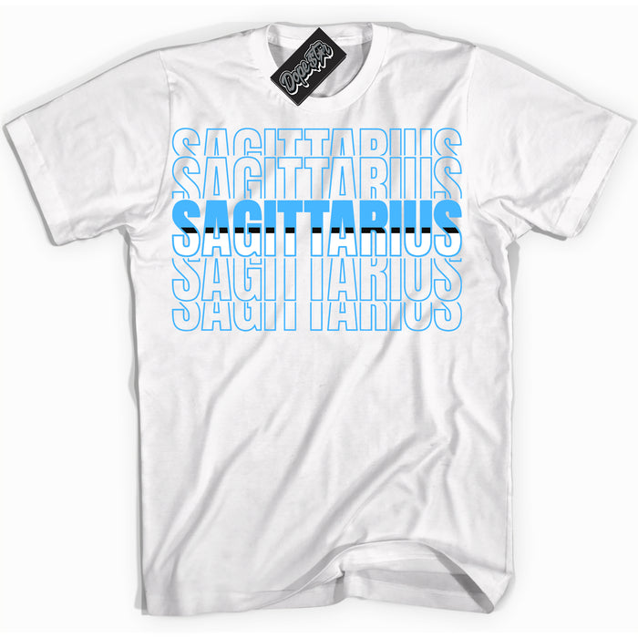 Cool White graphic tee with “ Sagittarius” design, that perfectly matches Powder Blue 9s sneakers 