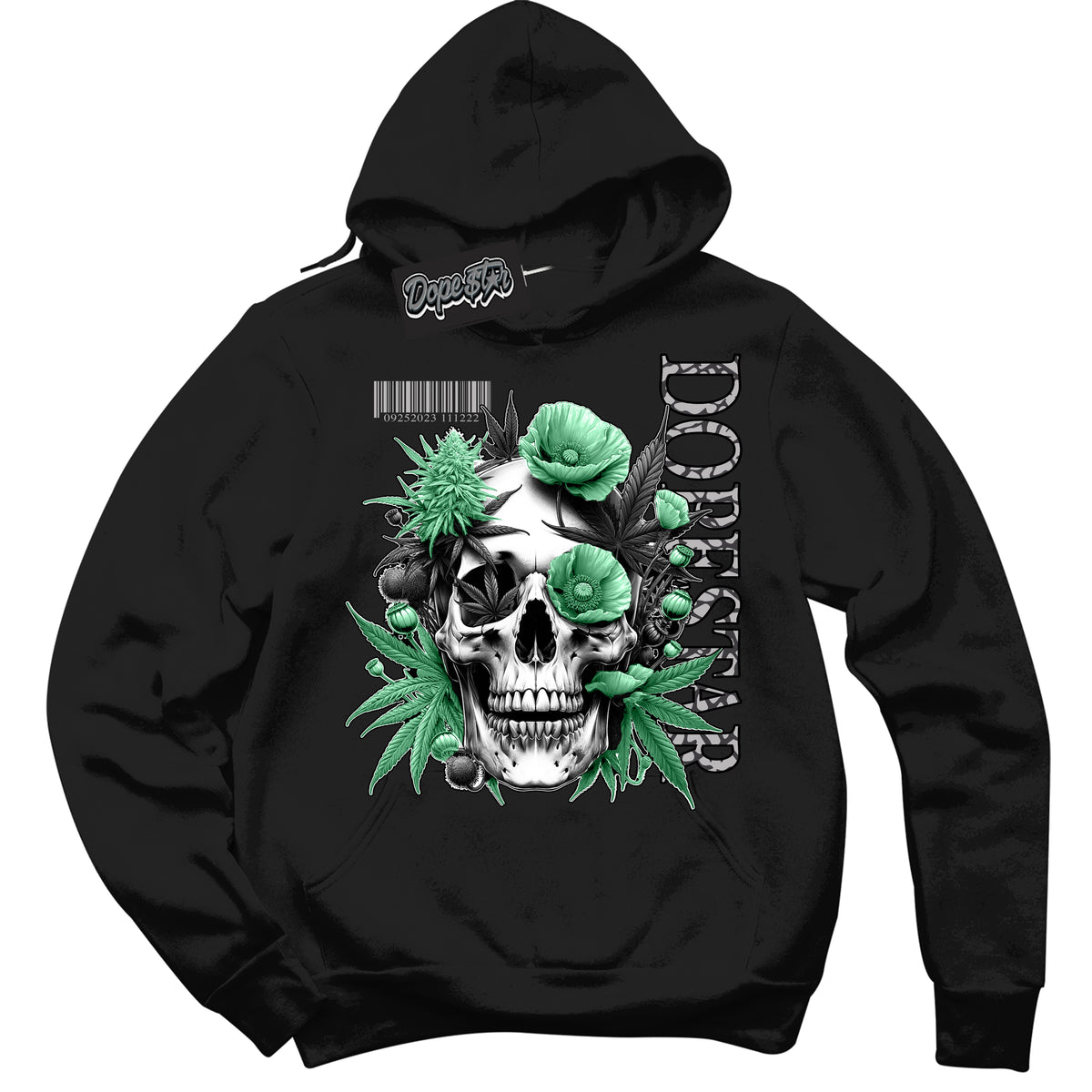 Cool Black Hoodie with “ Skull Poppies ”  design that Perfectly Matches Green Glow 3s Sneakers.