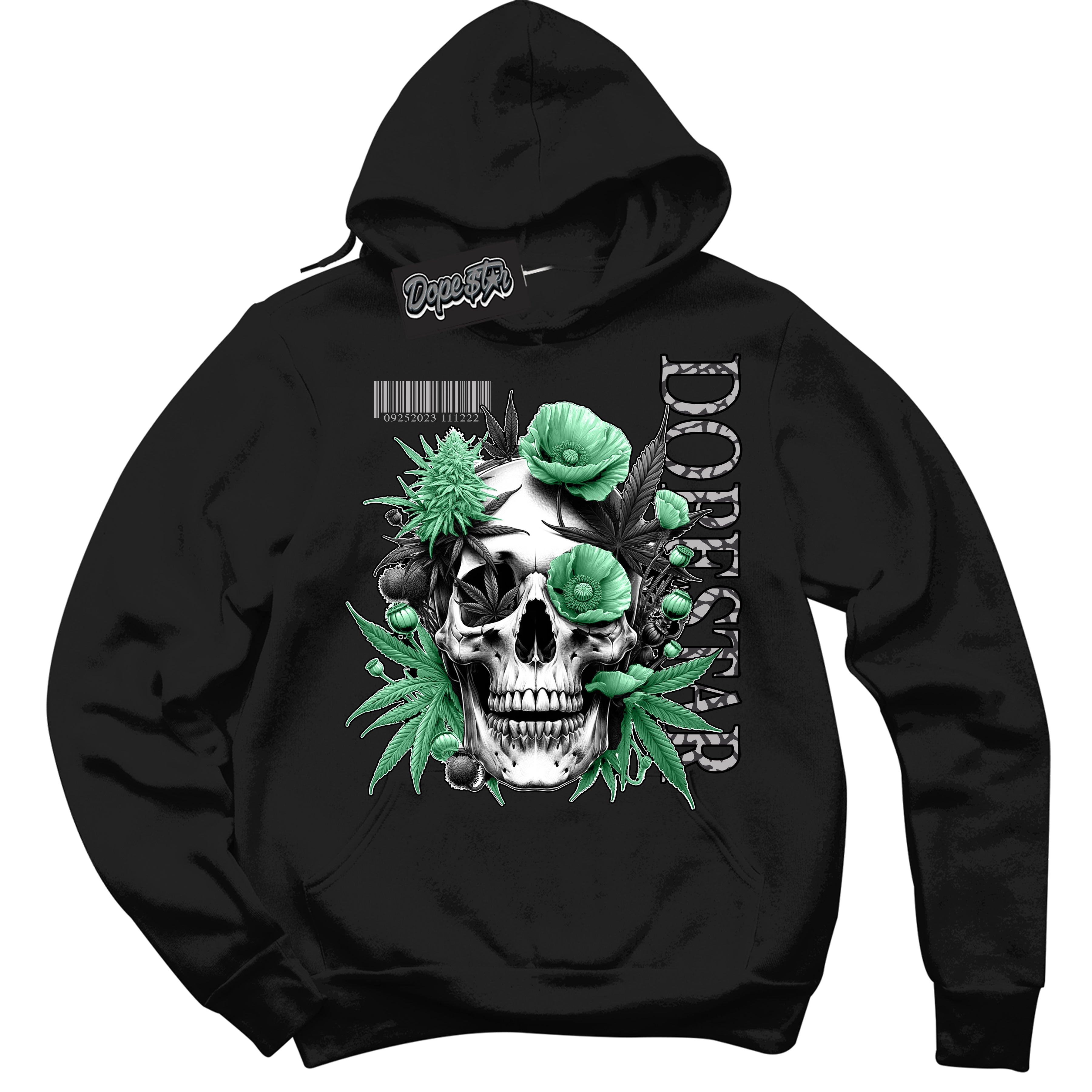 Cool Black Hoodie with “ Skull Poppies ”  design that Perfectly Matches Green Glow 3s Sneakers.