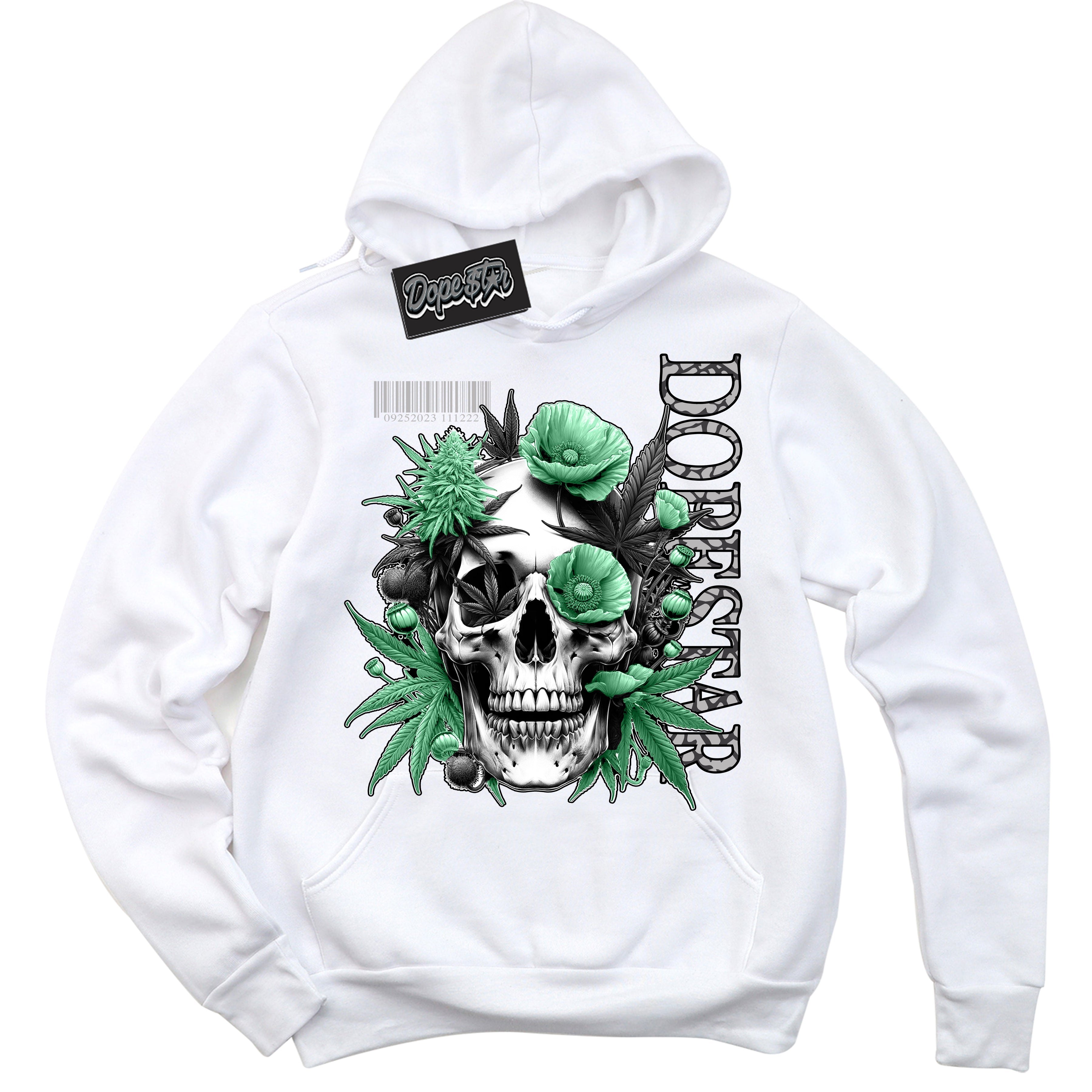 Cool White Hoodie with “ Skull Poppies ”  design that Perfectly Matches Green Glow 3s Sneakers.