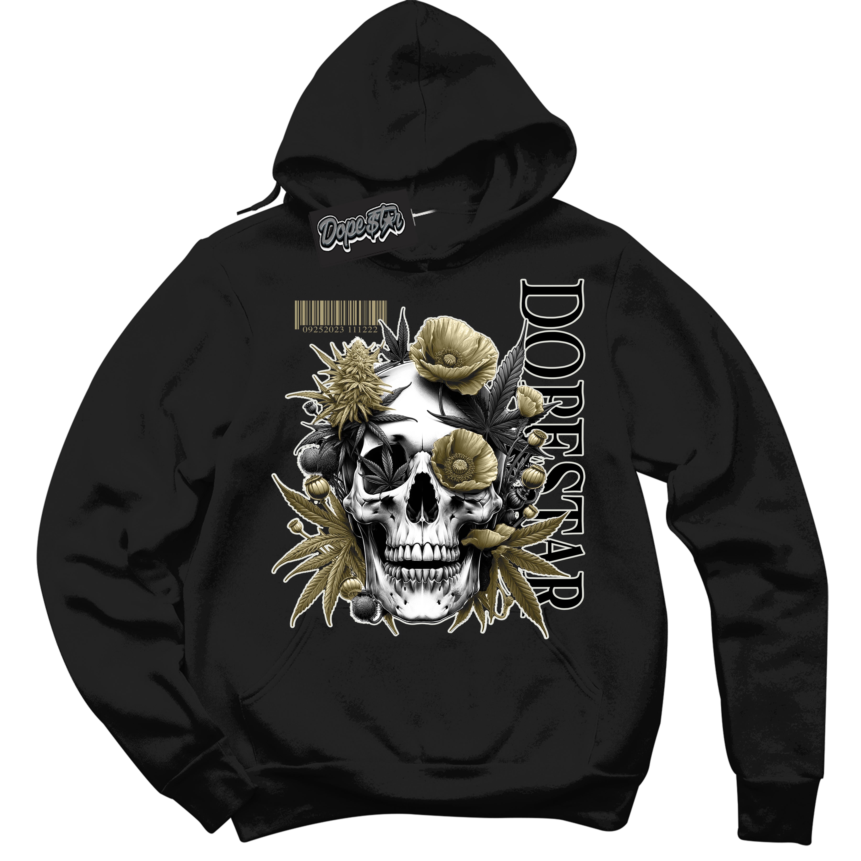 Cool Black Hoodie with “ Skull Poppies ”  design that Perfectly Matches Golf Travis Scott Neutral Olive 1s Sneakers.