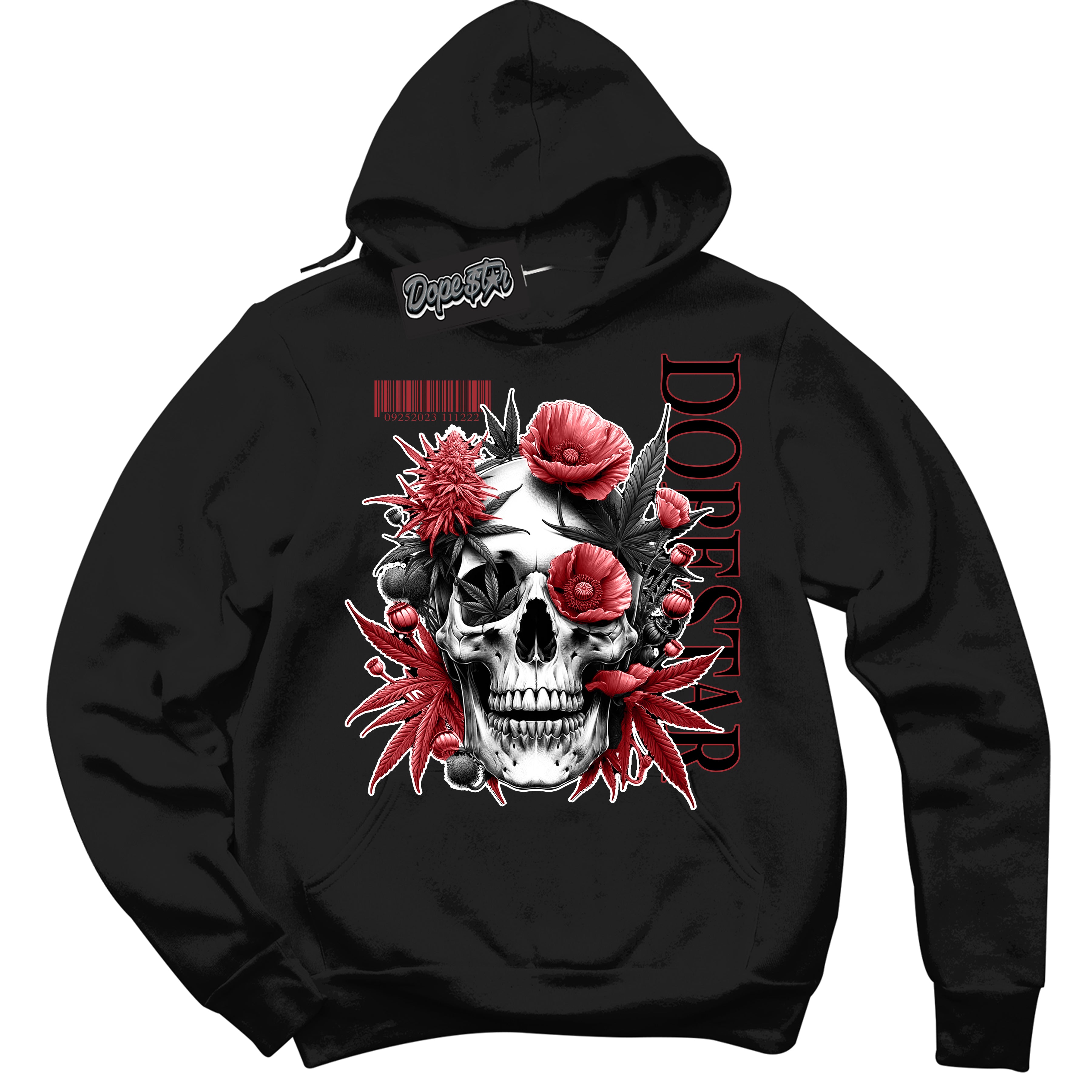 Dunk Low Black Toe Bright Crimson 'Skull Poppies' Hoodie – Black Streetwear Sweatshirt | Sneaker Matching Hoodie for Dunk Low Black Toe Bright Crimson | Men's & Women's Streetwear Outfit by Sneaker Shirts Outlet.

