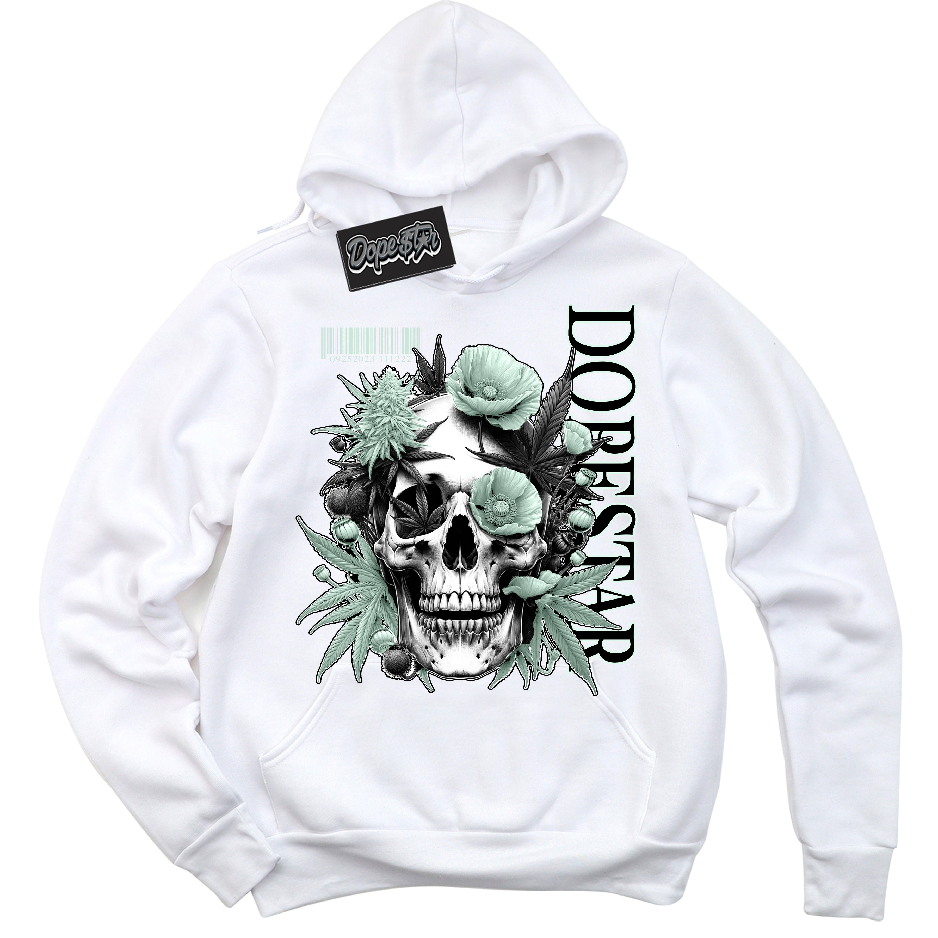 Cool White Hoodie with “ Skull Poppies ”  design that Perfectly Matches Dark Smoke Grey Barely Green Sneakers.