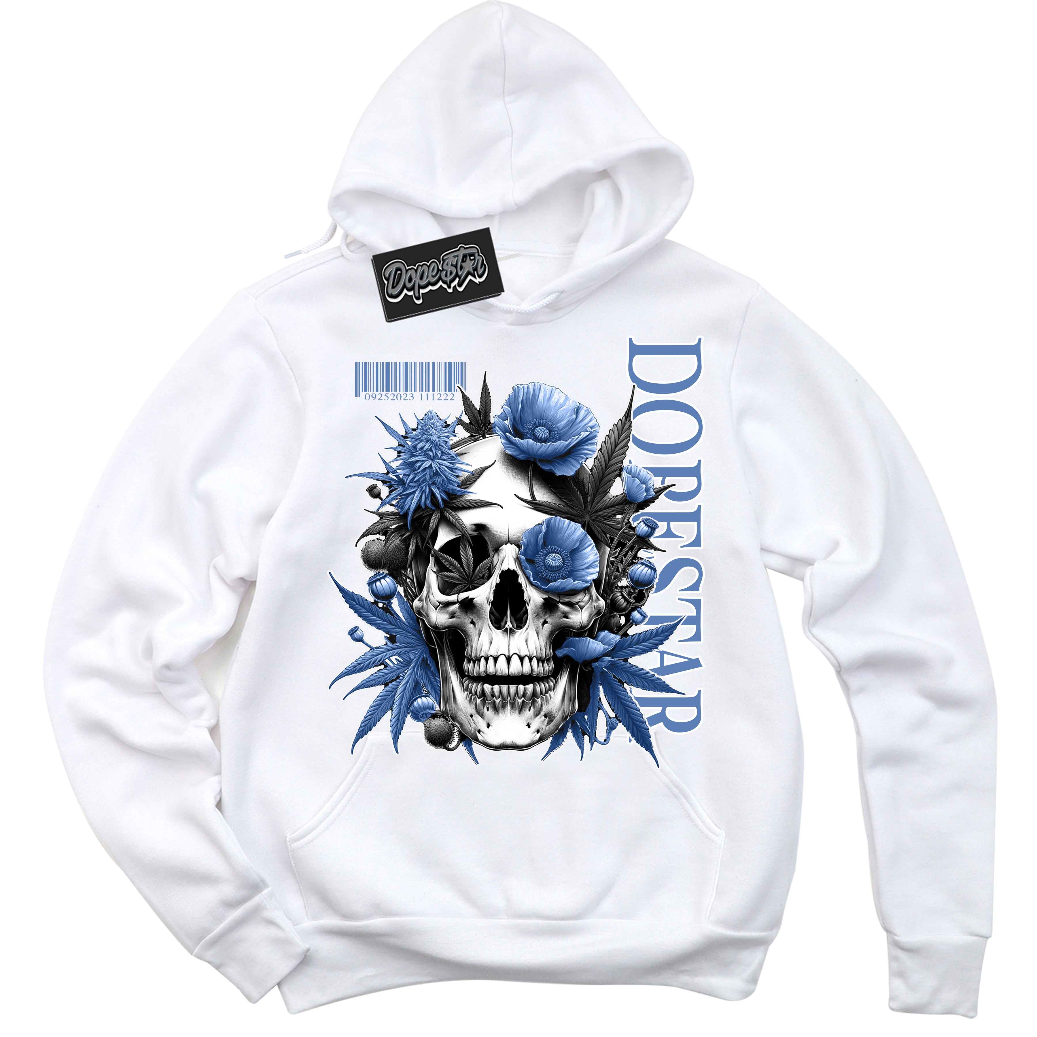 Cool White Hoodie with “ Skull Poppies ”  design that Perfectly Matches Twist University Blue Sneakers.