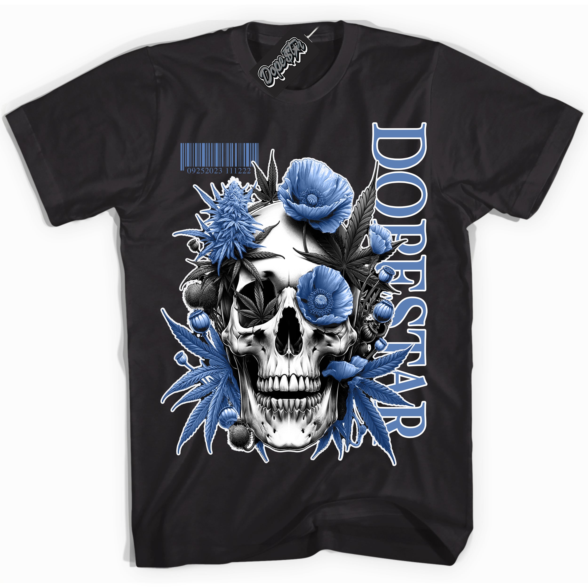 Cool Black Shirt with “ Skull Poppies” design that perfectly matches Twist University Blue Sneakers.