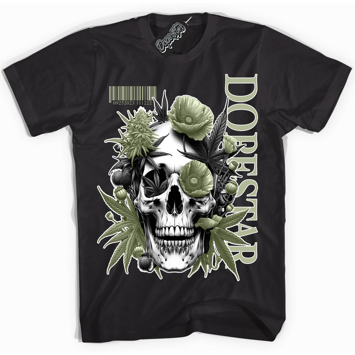 Cool Black Shirt with “ Skull Poppies” design that perfectly matches Next Nature Olive Aura Sneakers.